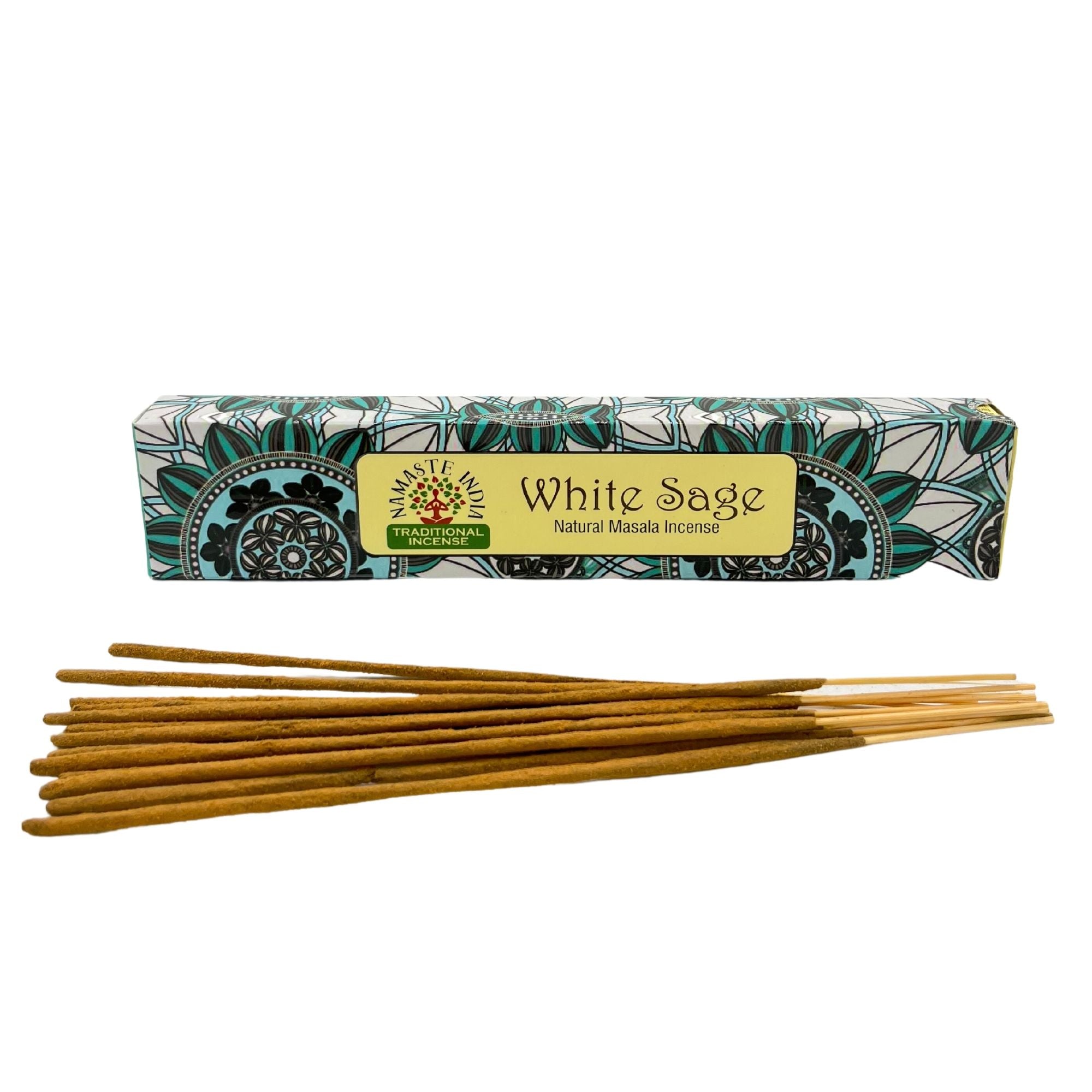 Bâtonnets d’encens naturels sauge blanche disposés devant boîte sauge blanche parfum doux pour ambiance zen