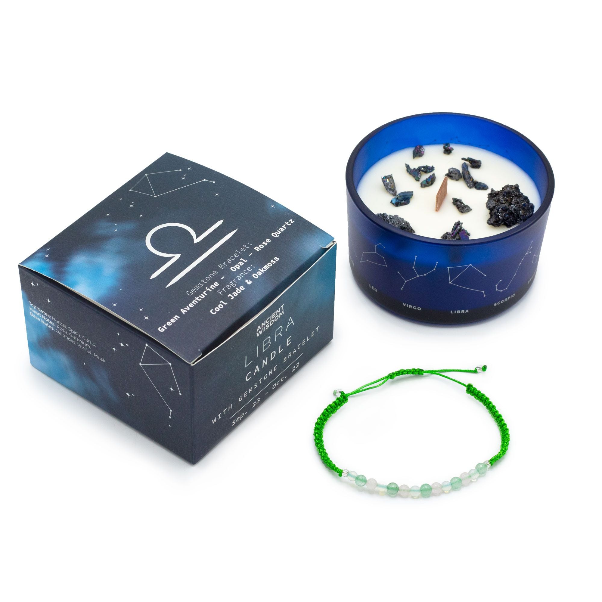 Bougie astrologique balance avec cristaux et bracelet en pierres naturelles présentés en coffret cadeau