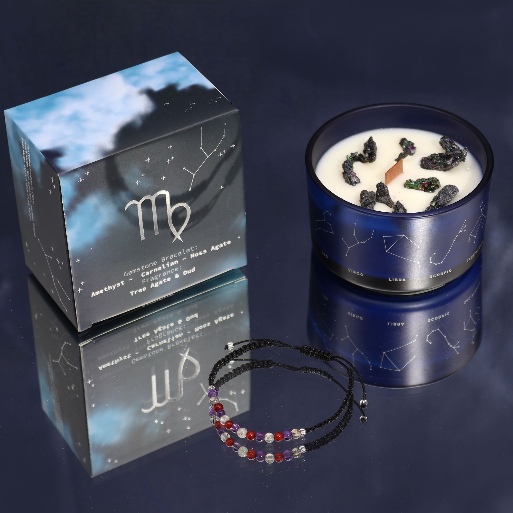 Coffret vierge avec bougie parfumée aux cristaux et bracelet en pierres naturelles, cadeau astrologique bien-être