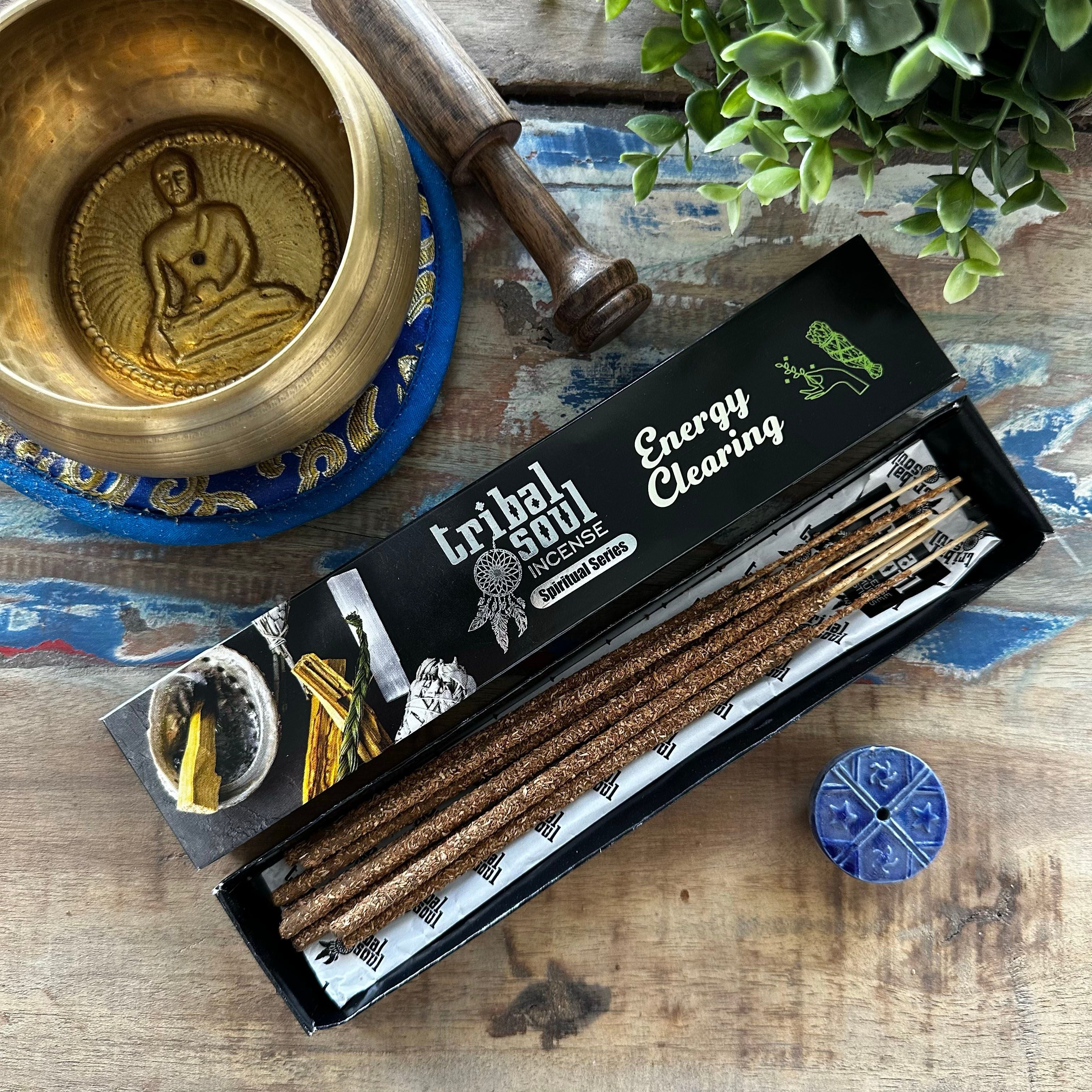 Bâtons d’encens Tribal Soul energy clearing purification energetique avec porte-encens en céramique, ambiance spirituelle et rituel lunaire