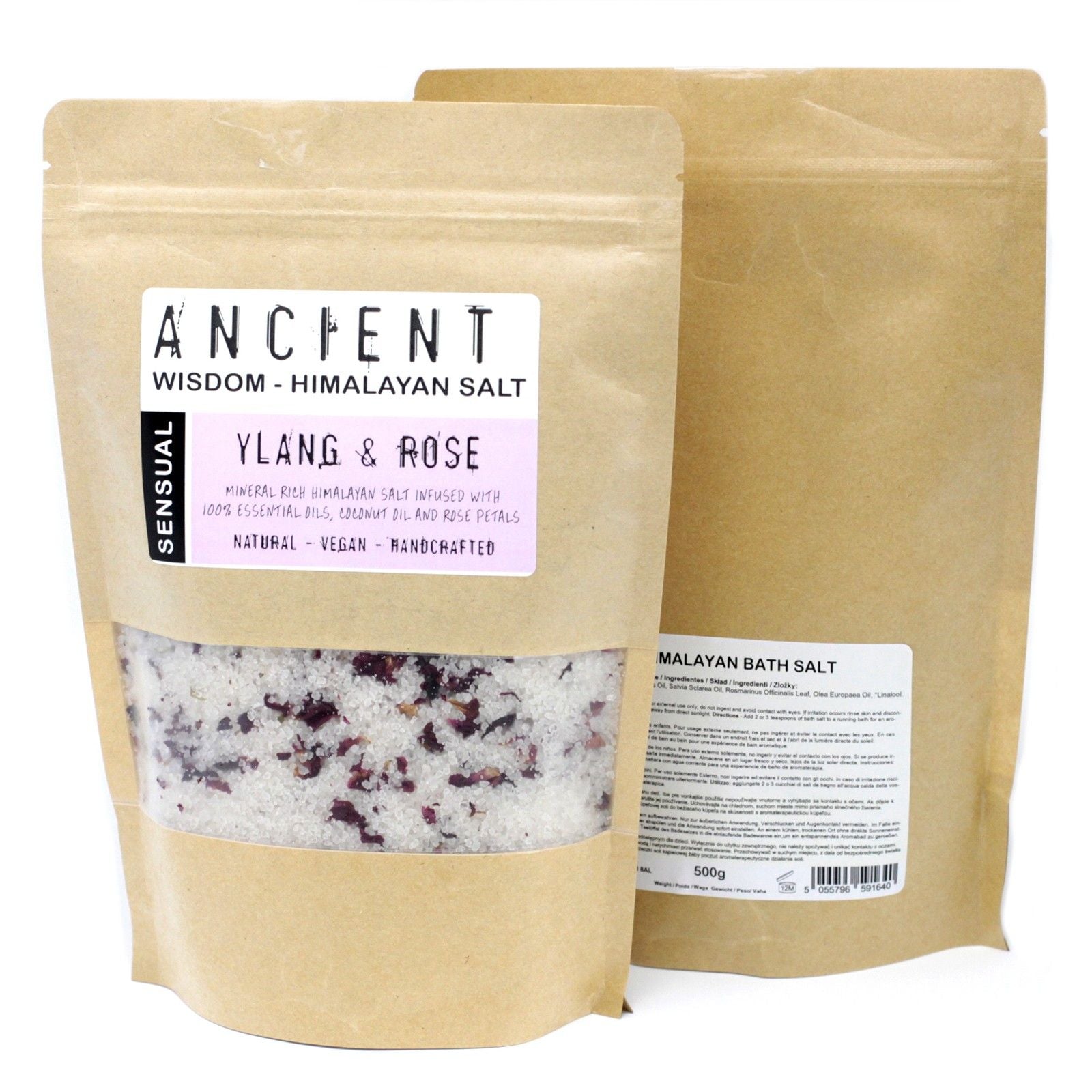 Sachet de sel de bain Himalaya sensualité 500g avec huile essentielle d’ylang-ylang et pétales de rose séchés