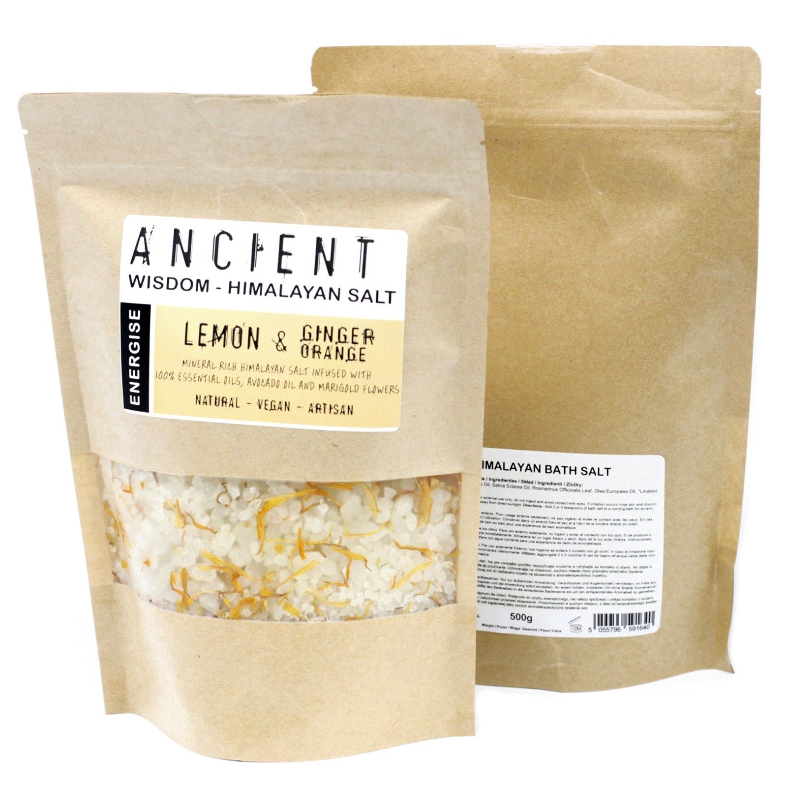 Sachet de sel de bain Himalaya énergisant 500g avec huiles essentielles citron gingembre orange et fleurs naturelles