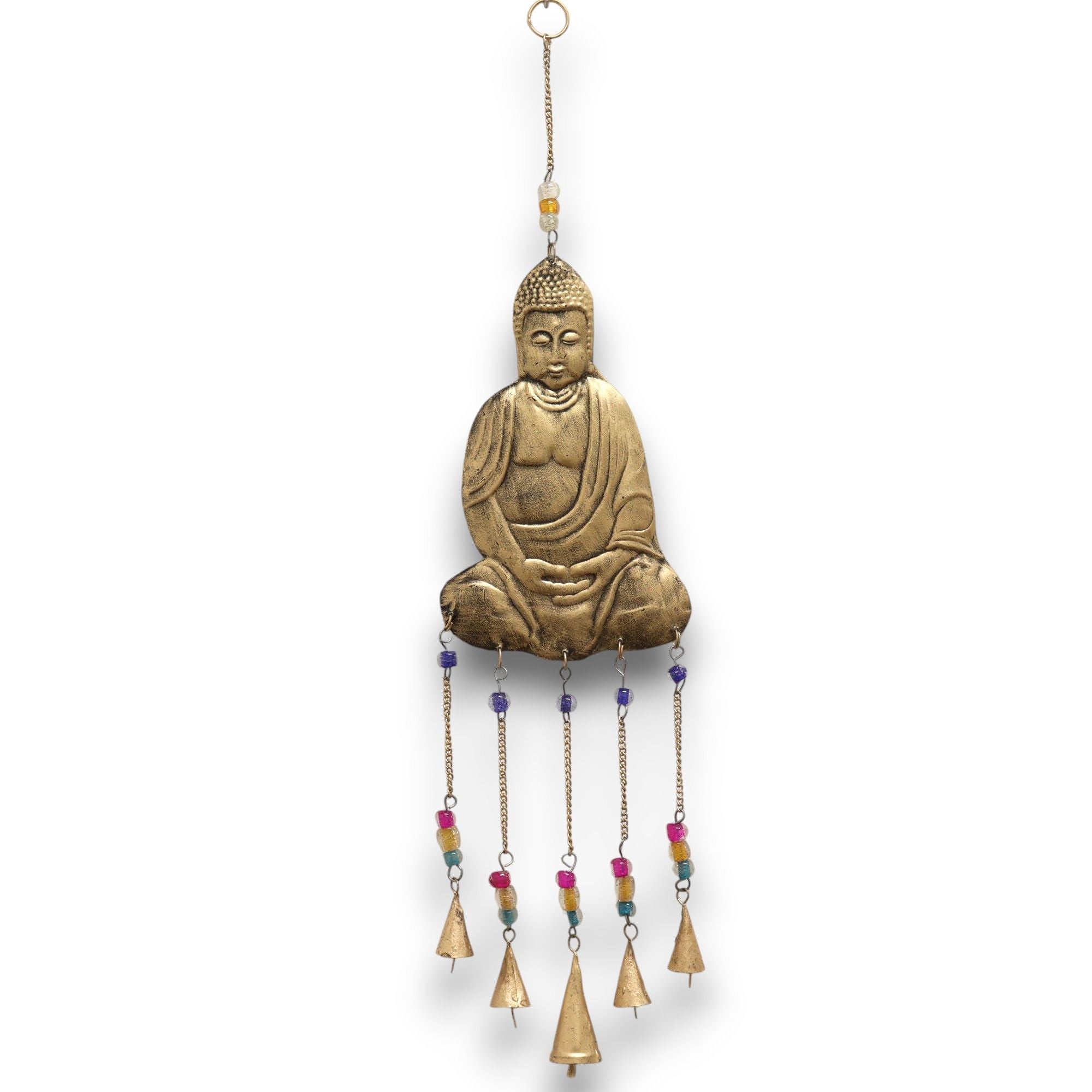 Carillon Bouddha en position méditative avec clochettes, idéal pour créer une ambiance apaisante