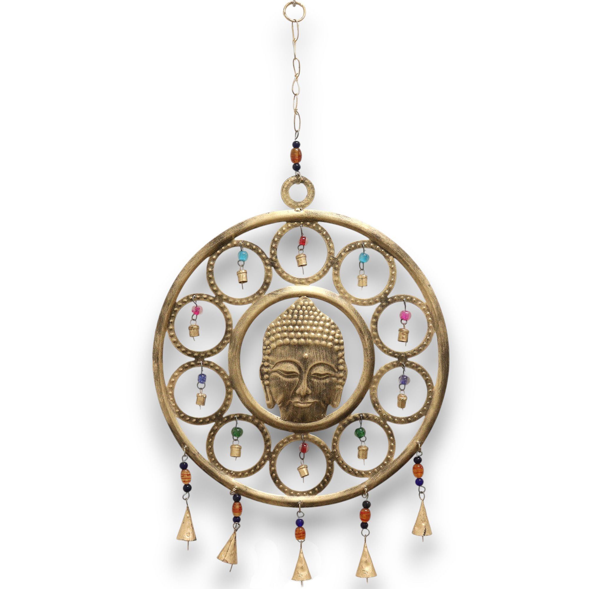 Carillon visage Bouddha en métal fait main en Inde, décoration spirituelle apportant paix et sérénité