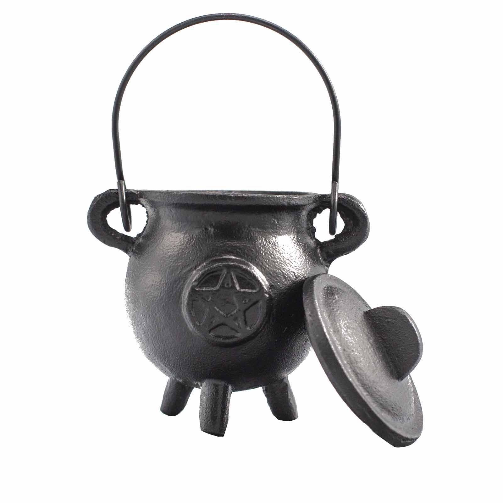 Chaudron en fonte pentagramme avec couvercle ouvert, idéal pour brûler encens, herbes ou résines