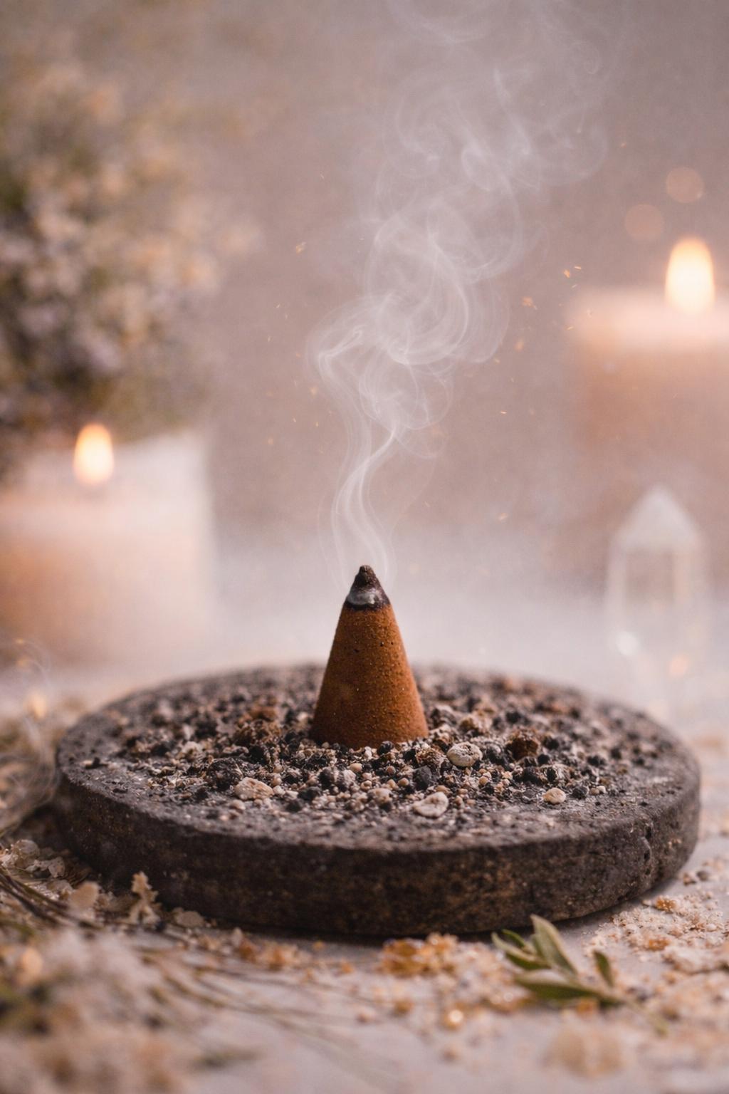 Cône d'encens classique en train de brûler avec une fumée douce et légère, posé sur un support minéral, dans une ambiance chaleureuse et spirituelle avec bougies floues en arrière-plan