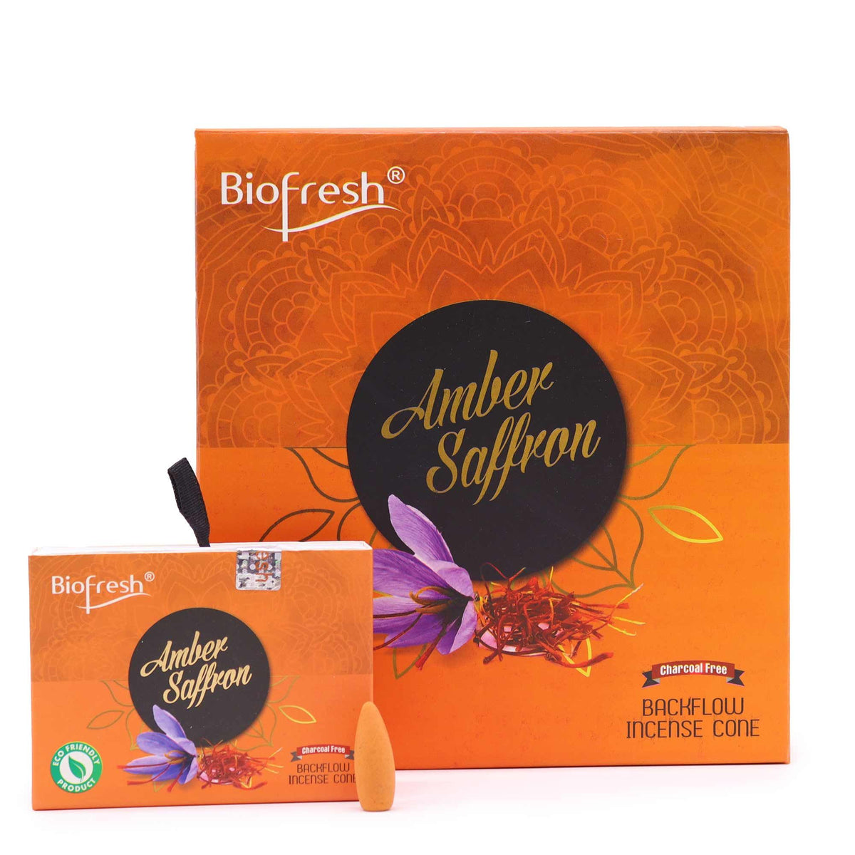 boite de cones d encens backflow biofresh ambre et safran avec packaging orange et illustration de la senteur