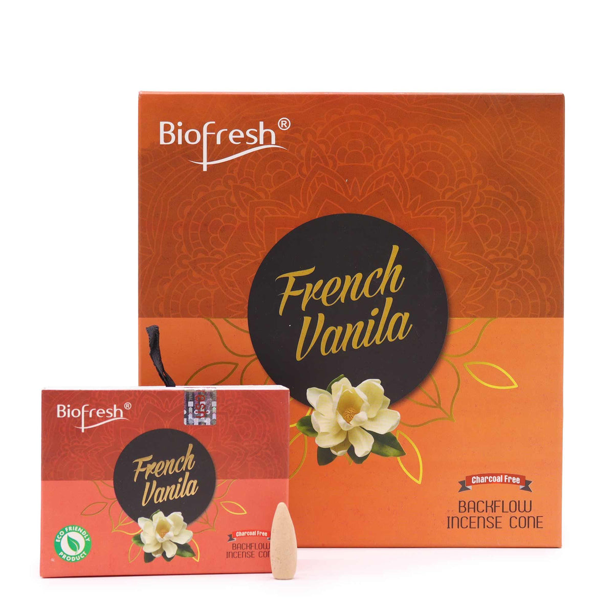 boite de cones d encens backflow biofresh vanille avec packaging orange et illustration de la senteur