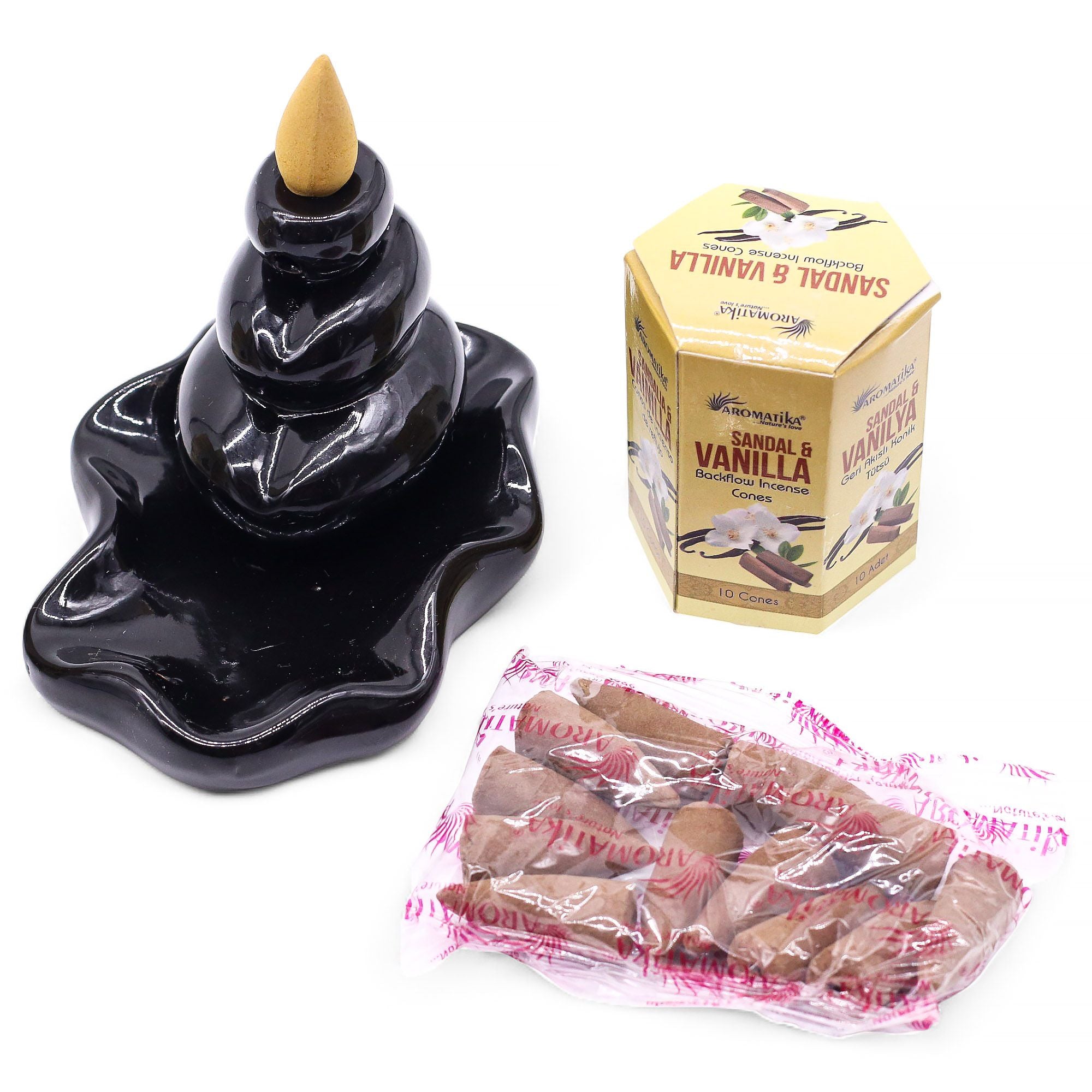 cônes d’encens backflow aromatika parfum santal vanille avec brûleur pour effet cascade de fumée