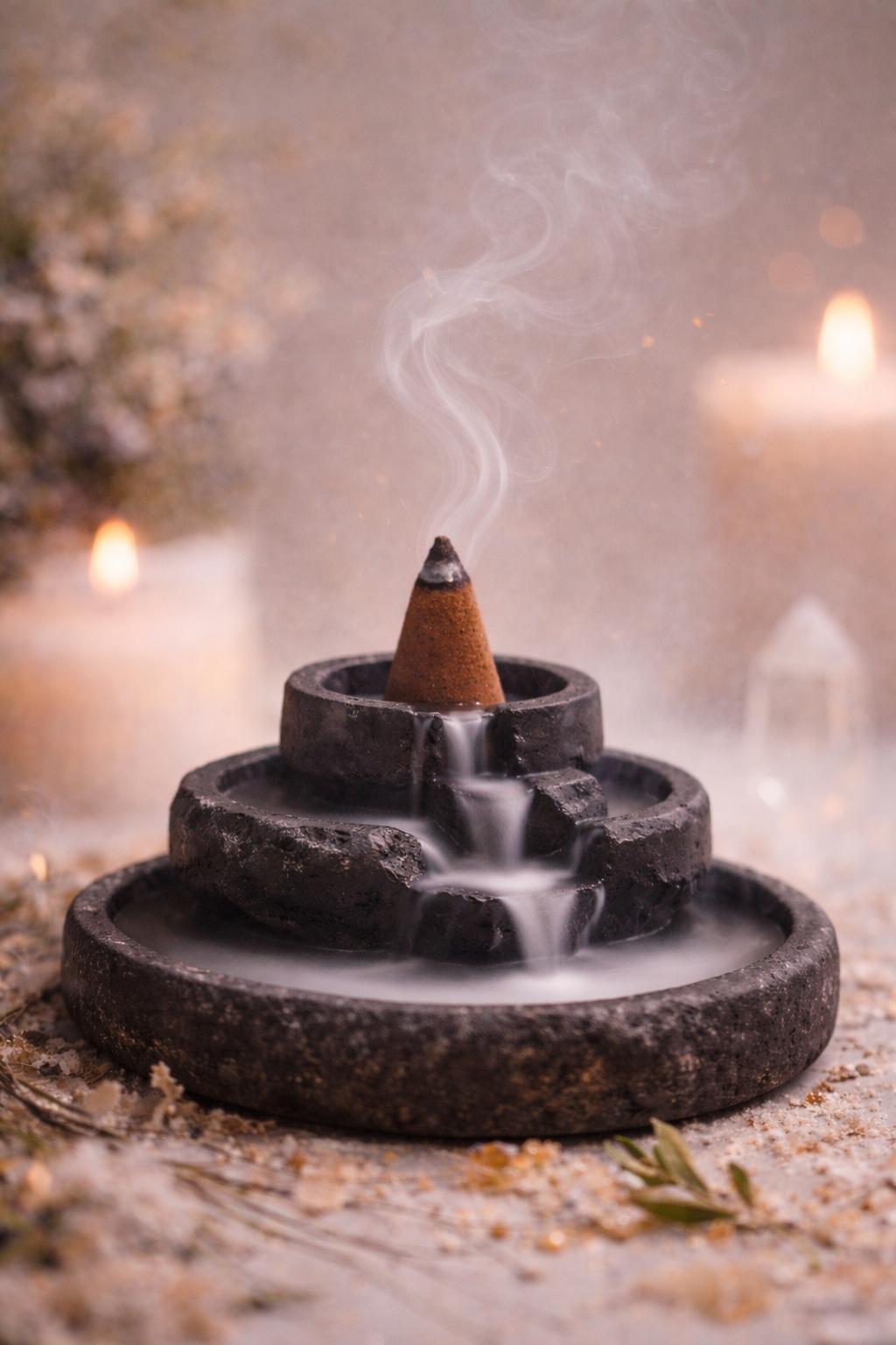 Cônes backflow allumé et posé sur porte encens en pyramide avec fumée qui descend en cascade dans une ambiance naturelle et apaisante.