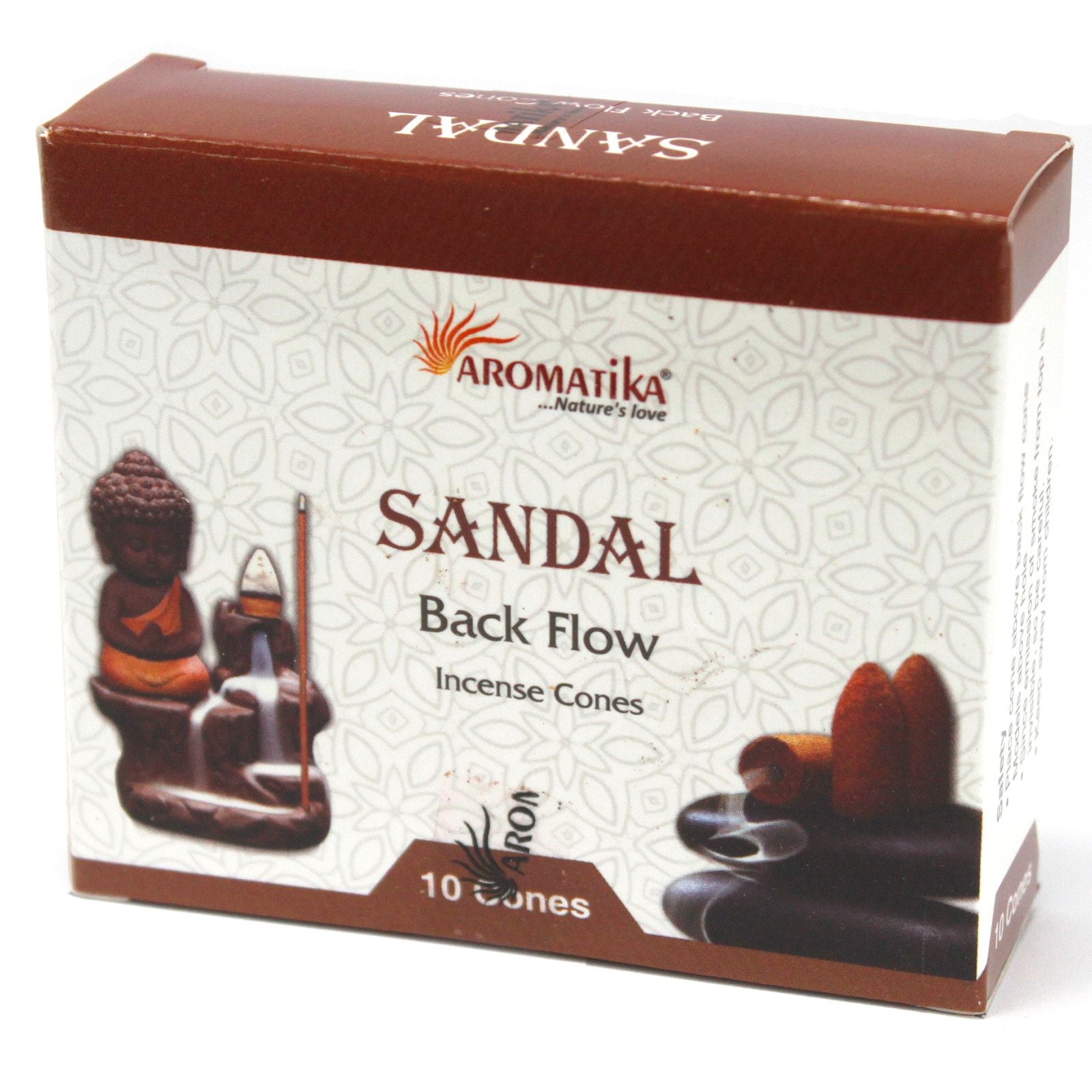 Boîte de cônes d’encens backflow Aromatika senteur santal avec packaging et illustration du brûleur