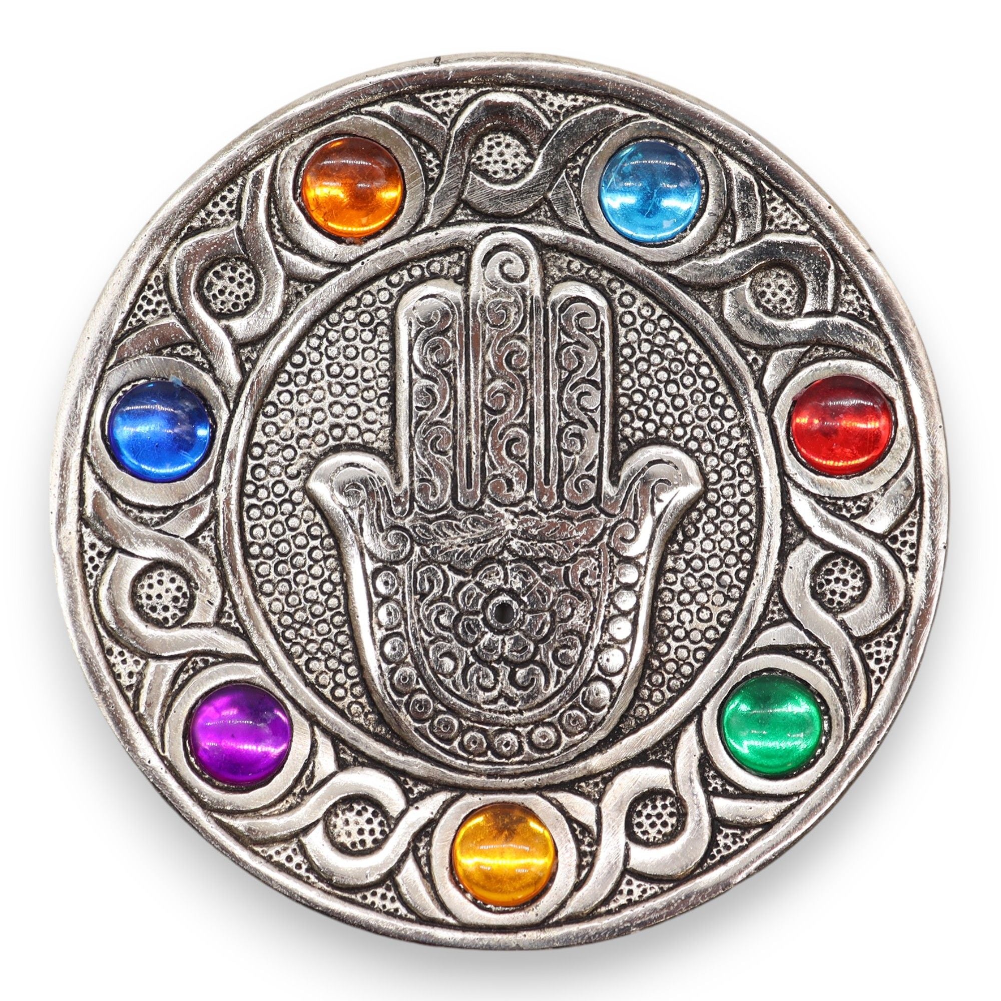 Porte-encens Hamsa 7 Chakras 11,5 cm en aluminium, symbole de protection et d’harmonisation énergétique pour rituel méditation. Pierre 7 chakras et mains d'Hamsa.