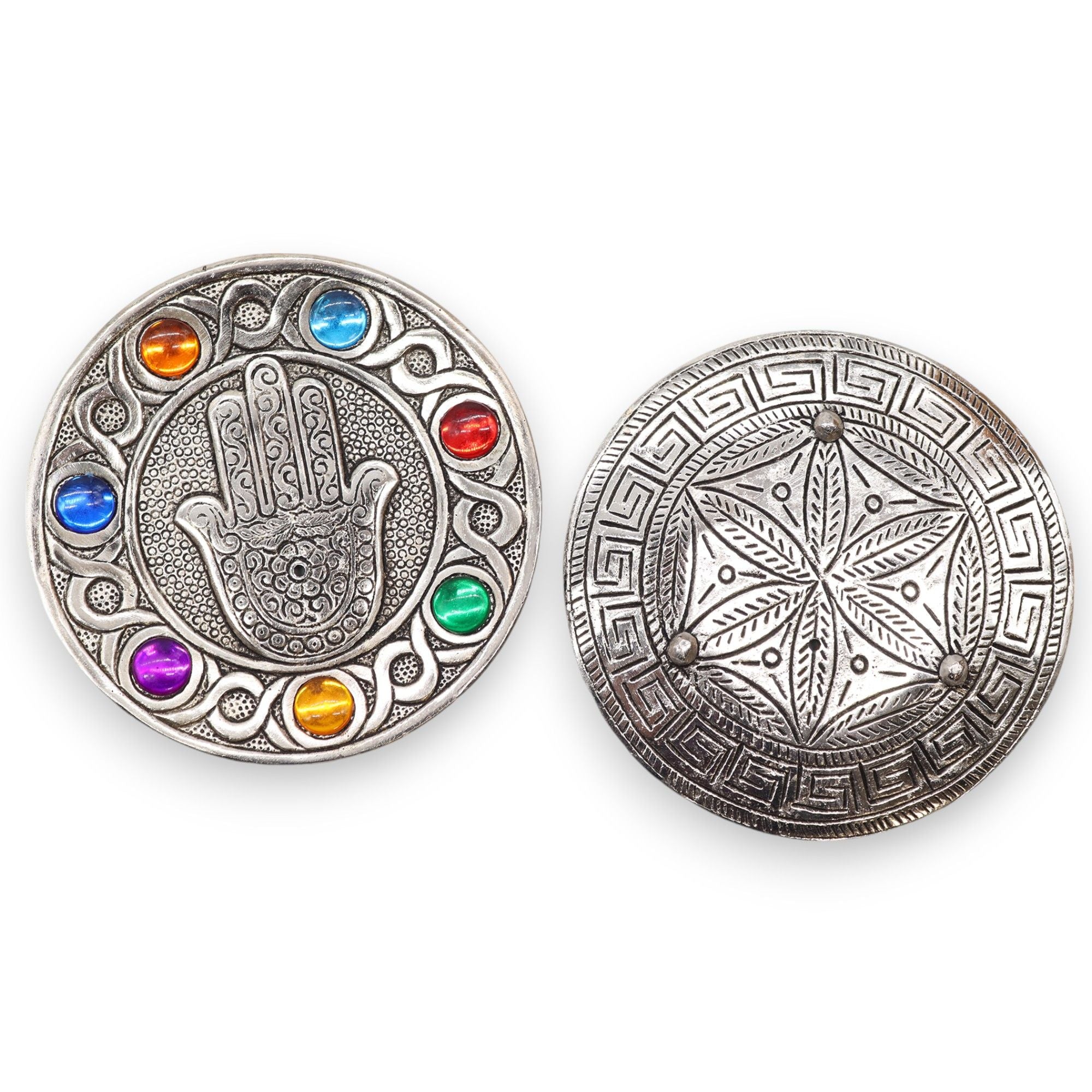 Porte-encens Hamsa 7 Chakras recto verso en aluminium, base stable pour encens standard et pratique spirituelle.