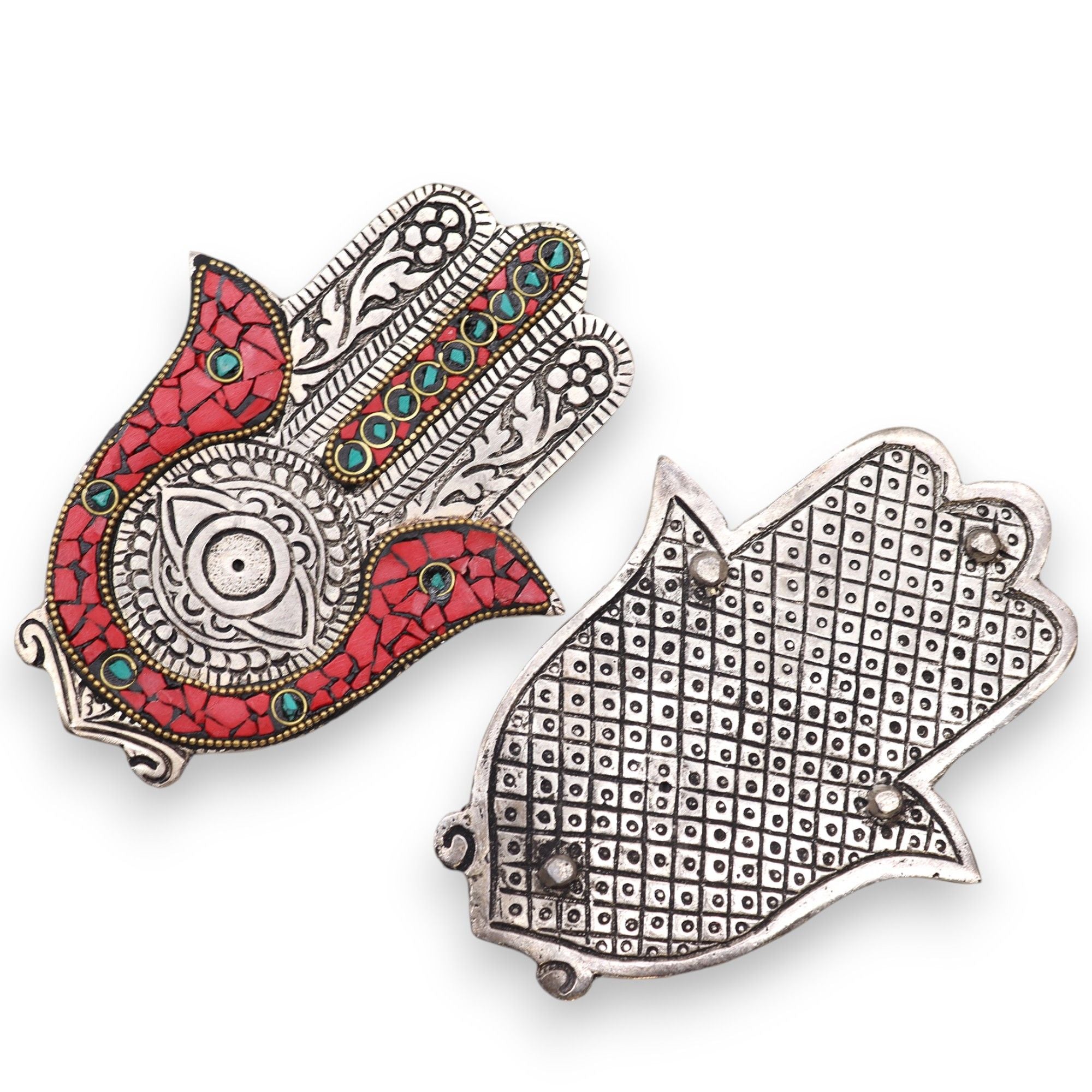 Porte-encens Hamsa rouge et vert recto verso en aluminium artisanal, support stable pour encens fin et rituel spirituel