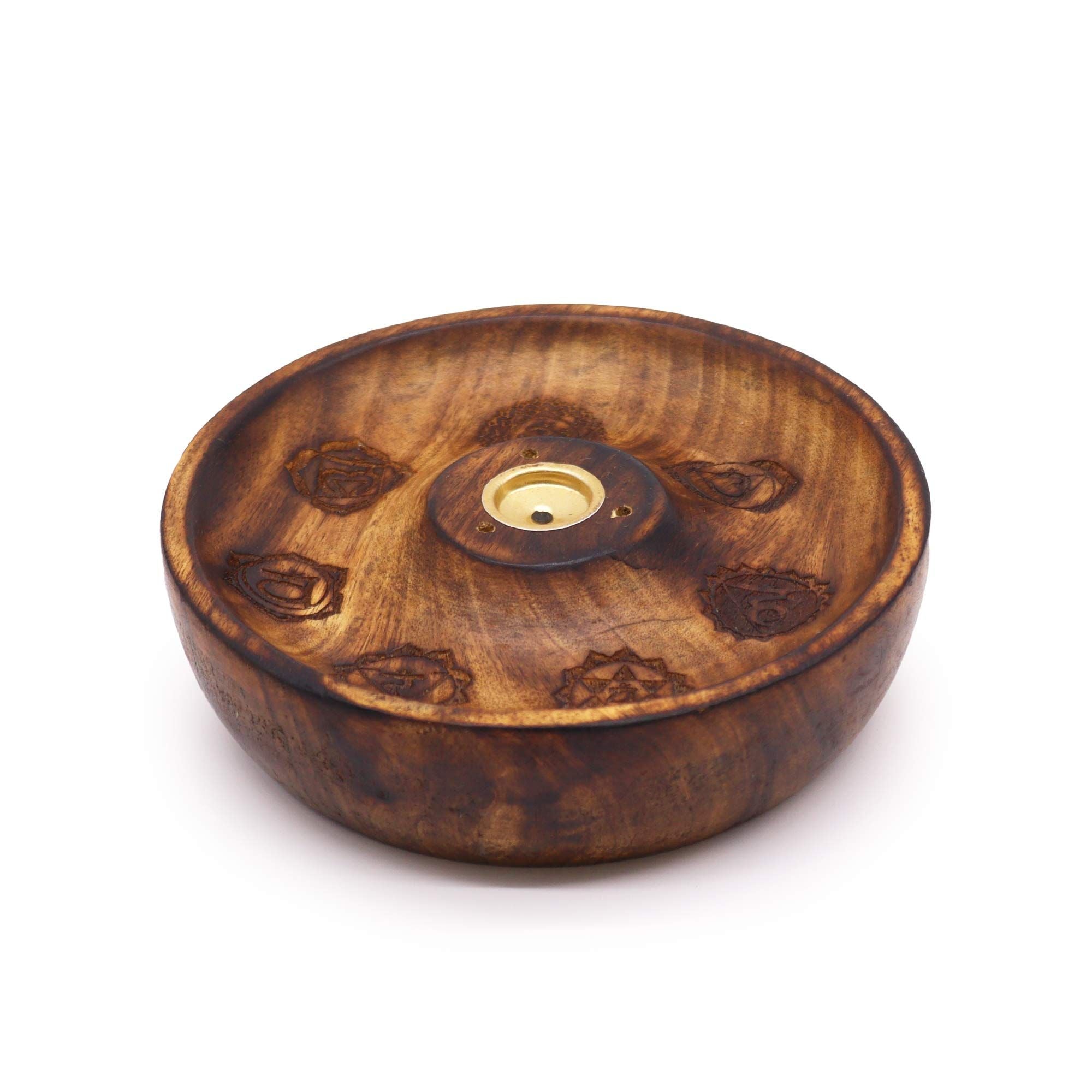 porte encens rond en bois naturel gravé des symboles des 7 chakras avec support central pour brûler bâtons et cônes d encens utilisé pour méditation et relaxation