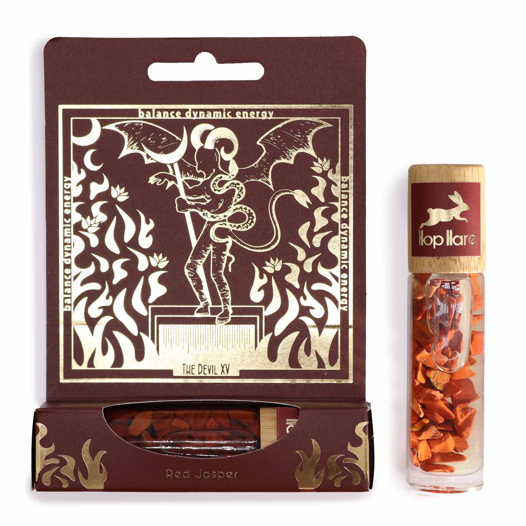 Roll-on tarot Le diable aux huiles essentielles avec pierre de jaspe rouge – parfum relaxant et apaisant.