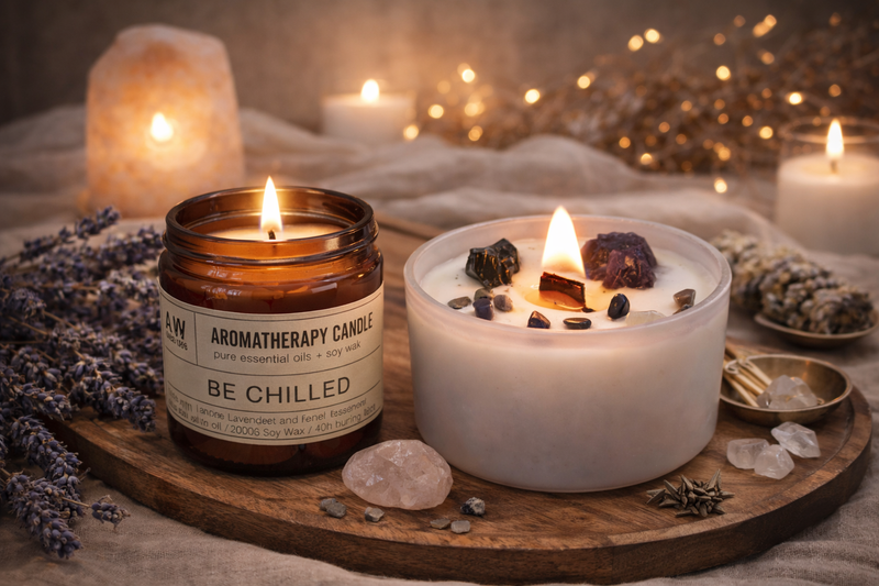 Bougie parfumées en cire naturelle avec cristaux énergétiques, ambiance chaleureuse et décoration spirituelle sur plateau en bois.