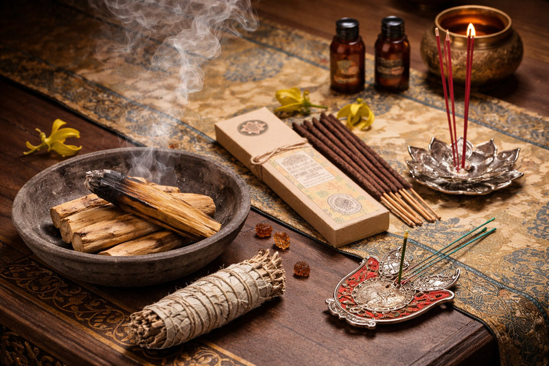 Bâton de sauge, encens, sel rose et eau spirituelle disposés pour rituel de purification énergétique, idéal méditation, nettoyage maison et ambiance apaisante My Essencya