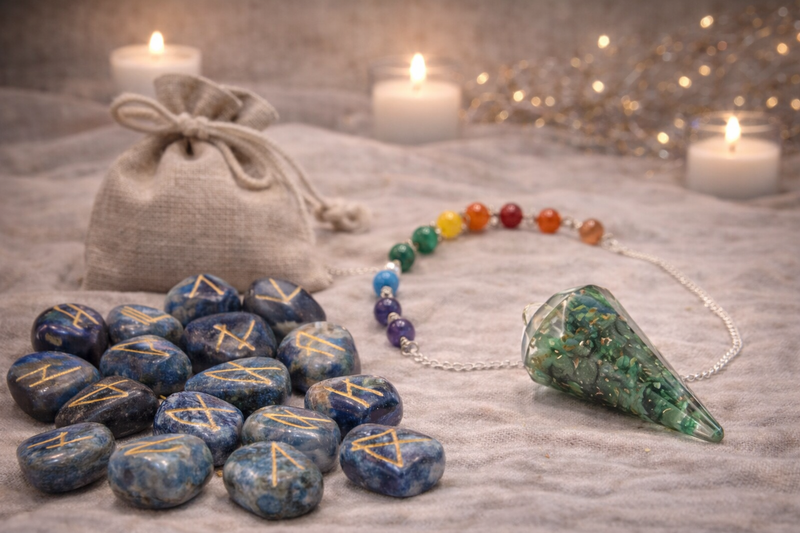 Runes en lapis lazuli gravées de runes et pendule divinatoire en cristal pour radiesthésie, outils de divination et guidance intuitive.
