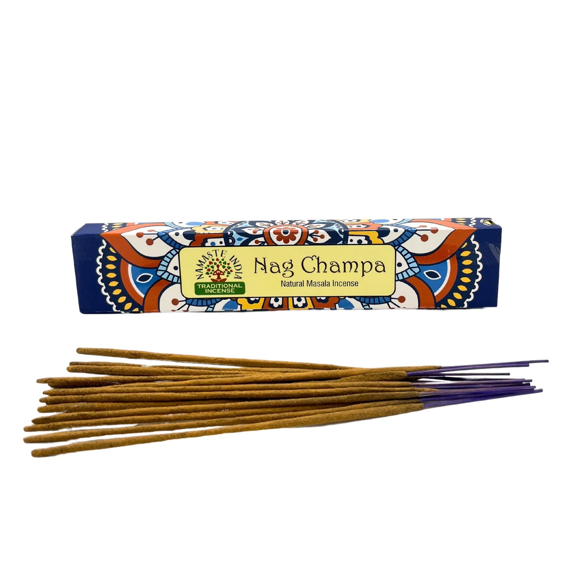Bâtonnets d’encens naturels Namaste Mandala disposés devant boîte nag champa parfum doux pour ambiance zen