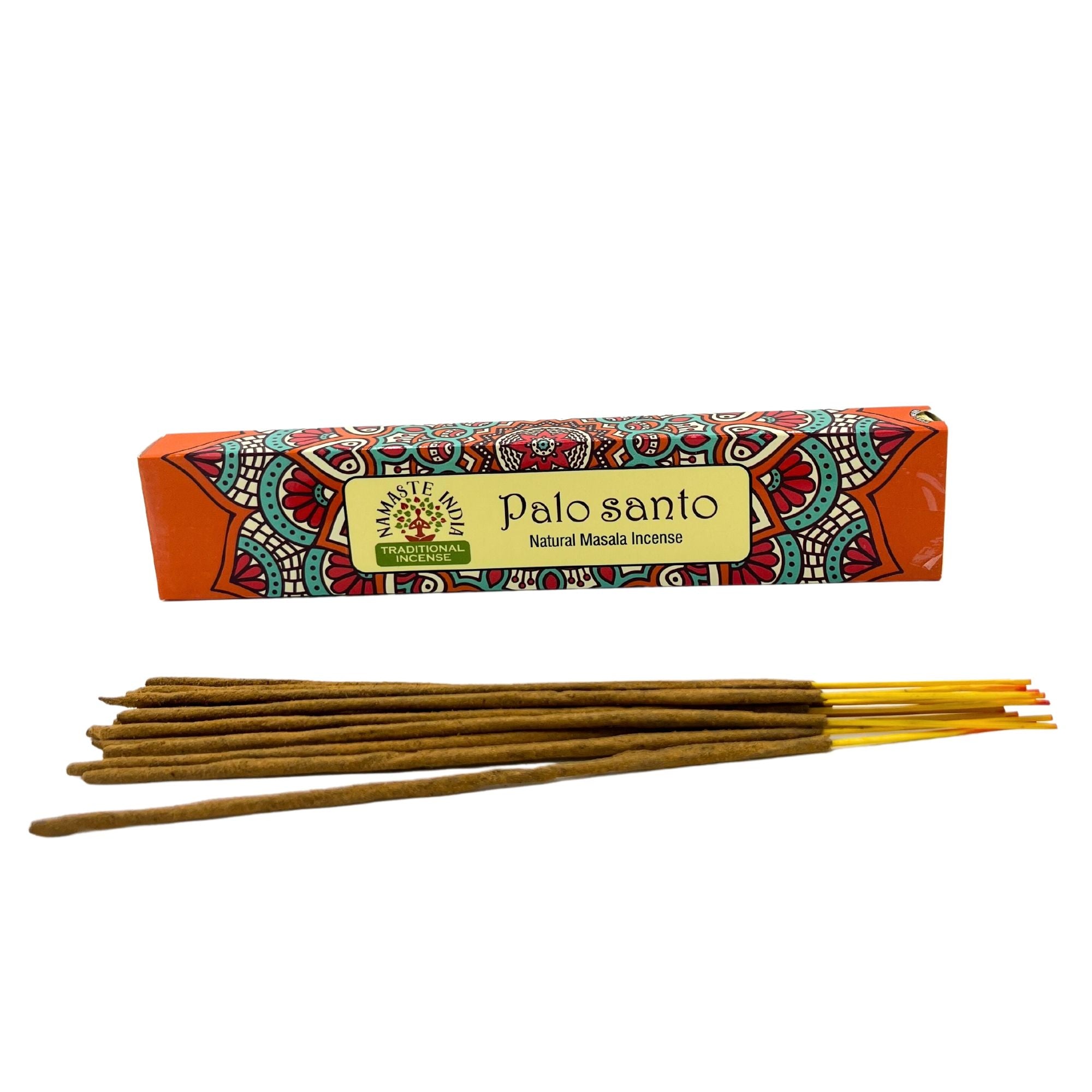 Bâtonnets d’encens naturels Namaste Mandala disposés devant boîte palo santo parfum doux pour ambiance zen