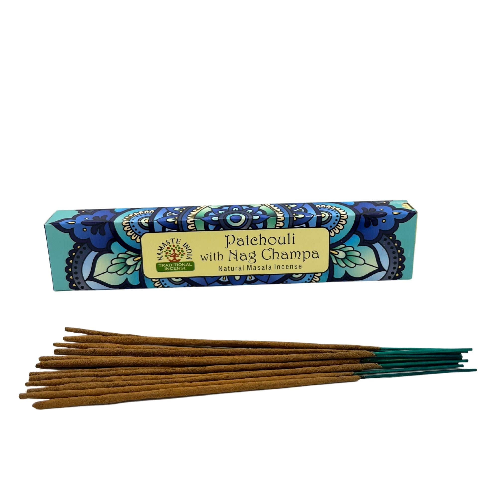 Bâtonnets d’encens naturels Namaste Mandala disposés devant boîte bleu et patchouli nag champa parfum doux pour ambiance zen