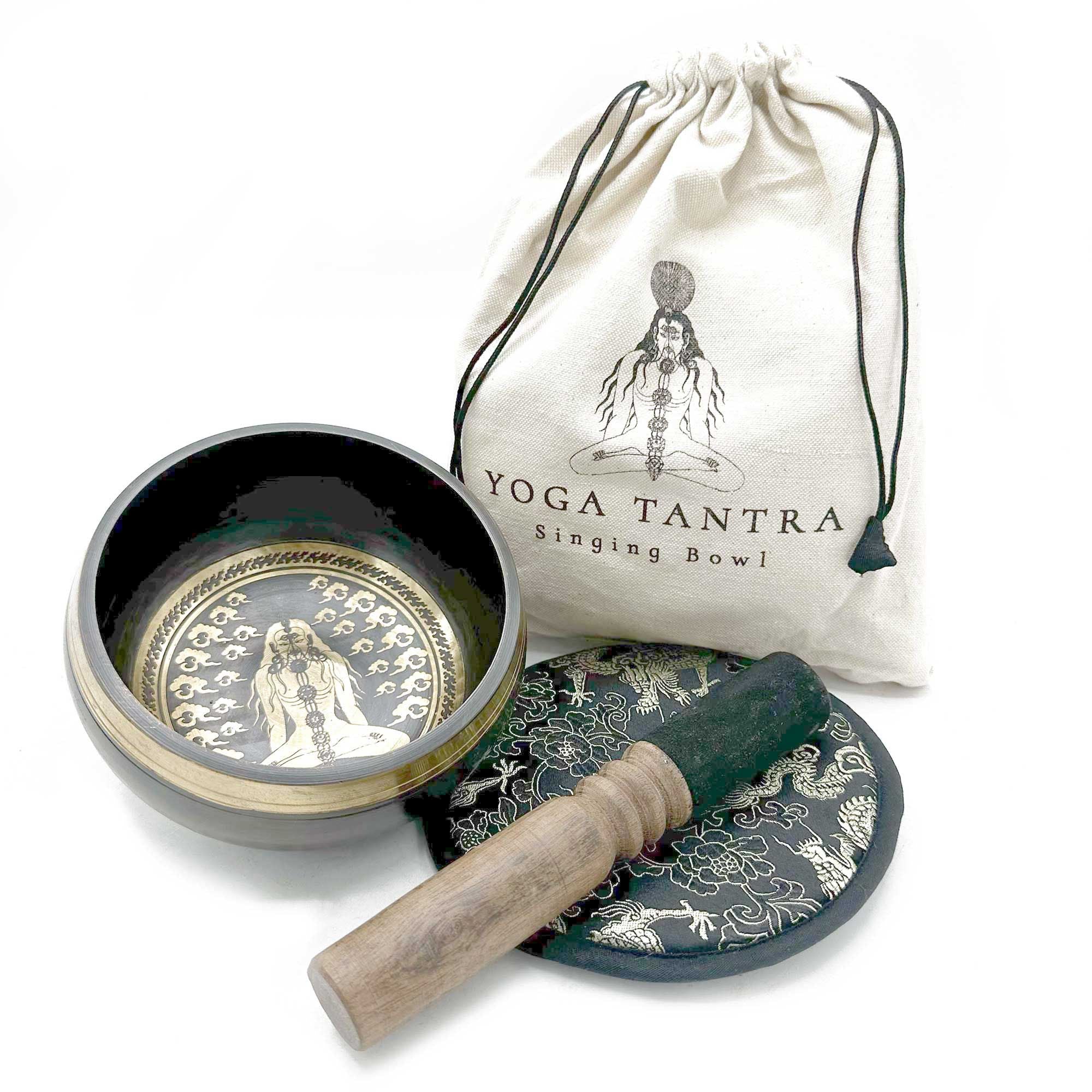 Bol chantant avec symbole Yogi, maillet en bois, coussin et pochette de rangement pour méditation et relaxation