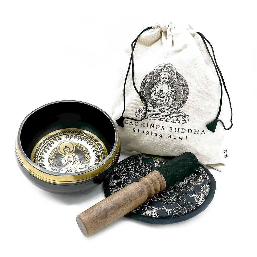 Bol chantant avec symbole enseignements bouddha, maillet en bois, coussin et pochette de rangement pour méditation et relaxation