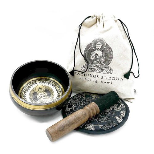 Bol chantant avec symbole enseignements bouddha, maillet en bois, coussin et pochette de rangement pour méditation et relaxation