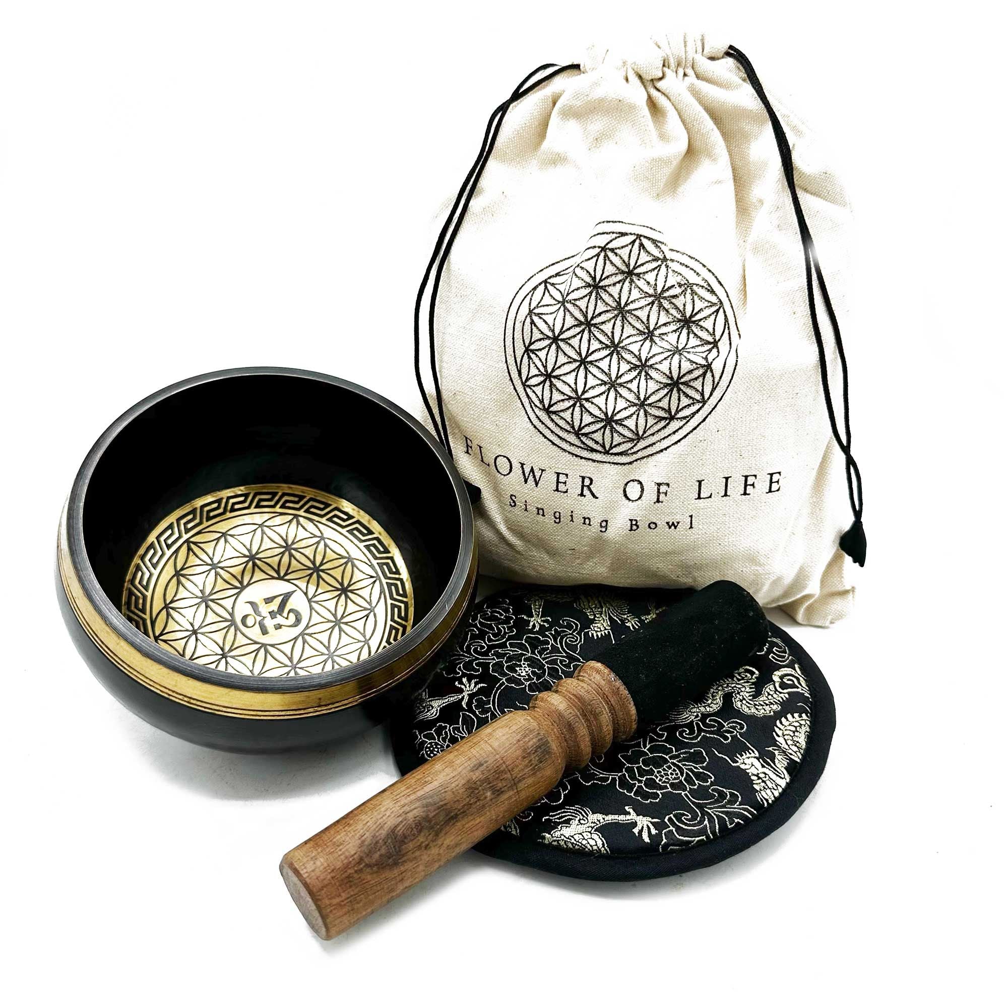 Bol chantant avec symbole Fleur de Vie, maillet en bois, coussin et pochette de rangement pour méditation et relaxation