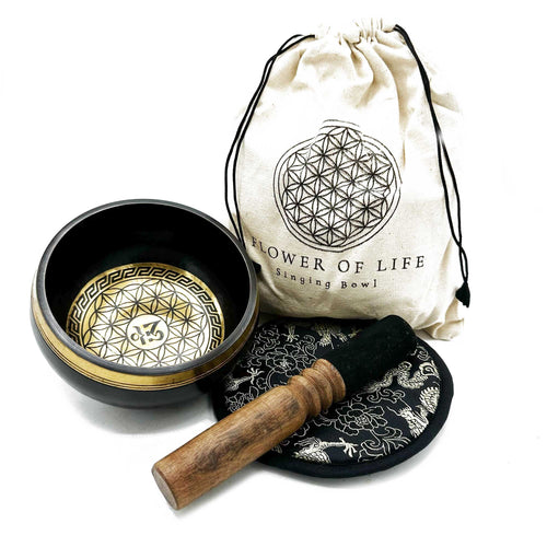 Bol chantant avec symbole Fleur de Vie, maillet en bois, coussin et pochette de rangement pour méditation et relaxation