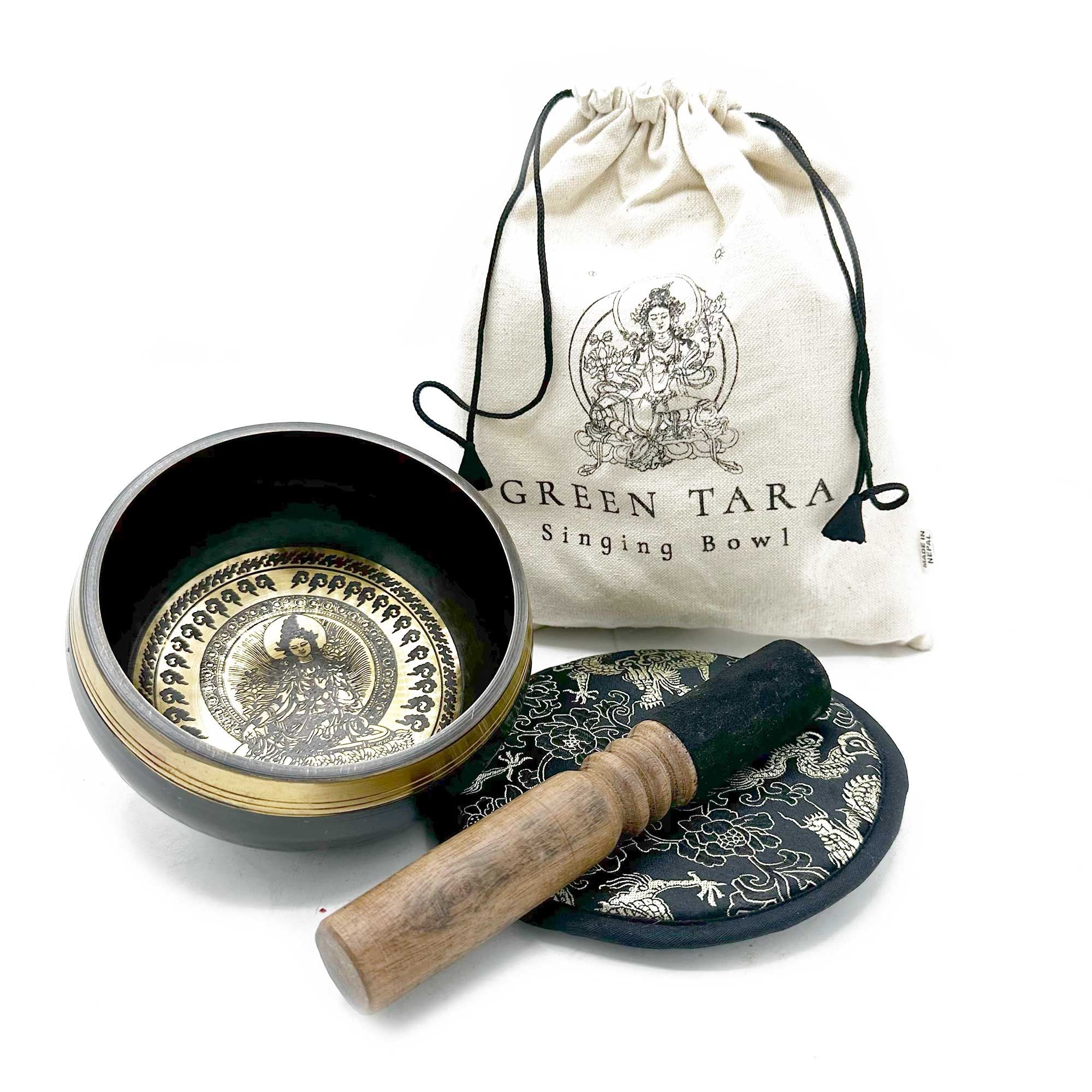 Bol chantant avec symbole green tara, maillet en bois, coussin et pochette de rangement pour méditation et relaxation