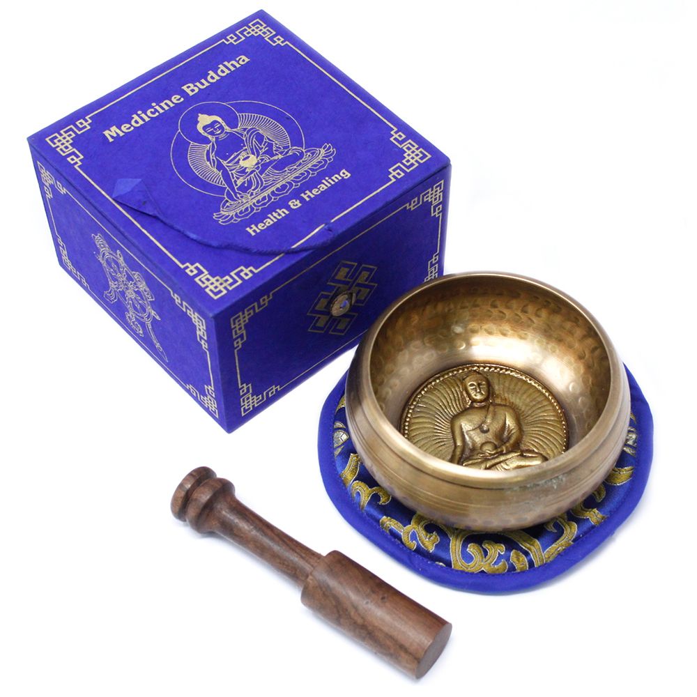 Bol chantant tibétain Bouddha avec coffret bleu fermé, coussin et maillet pour méditation