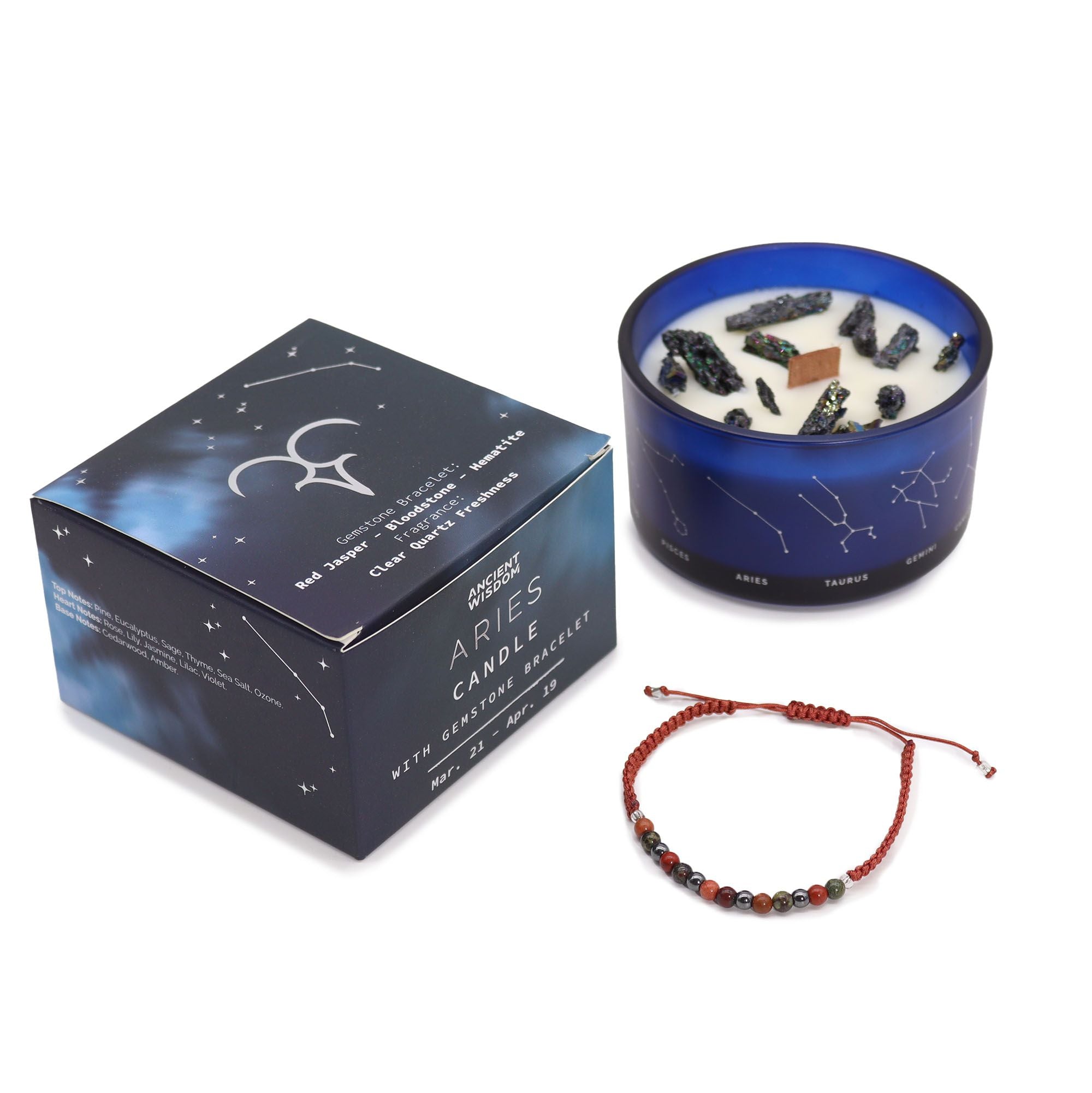 Bougie astrologique Belier avec cristaux et bracelet en pierres naturelles présentés en coffret cadeau