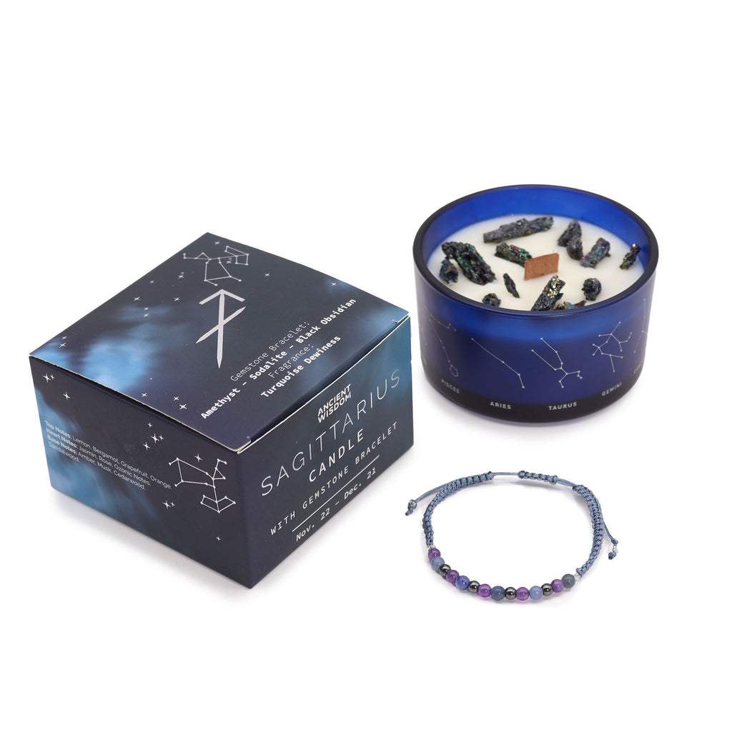 Bougie astrologique Sagittaire avec cristaux et bracelet en pierres naturelles présentés en coffret cadeau