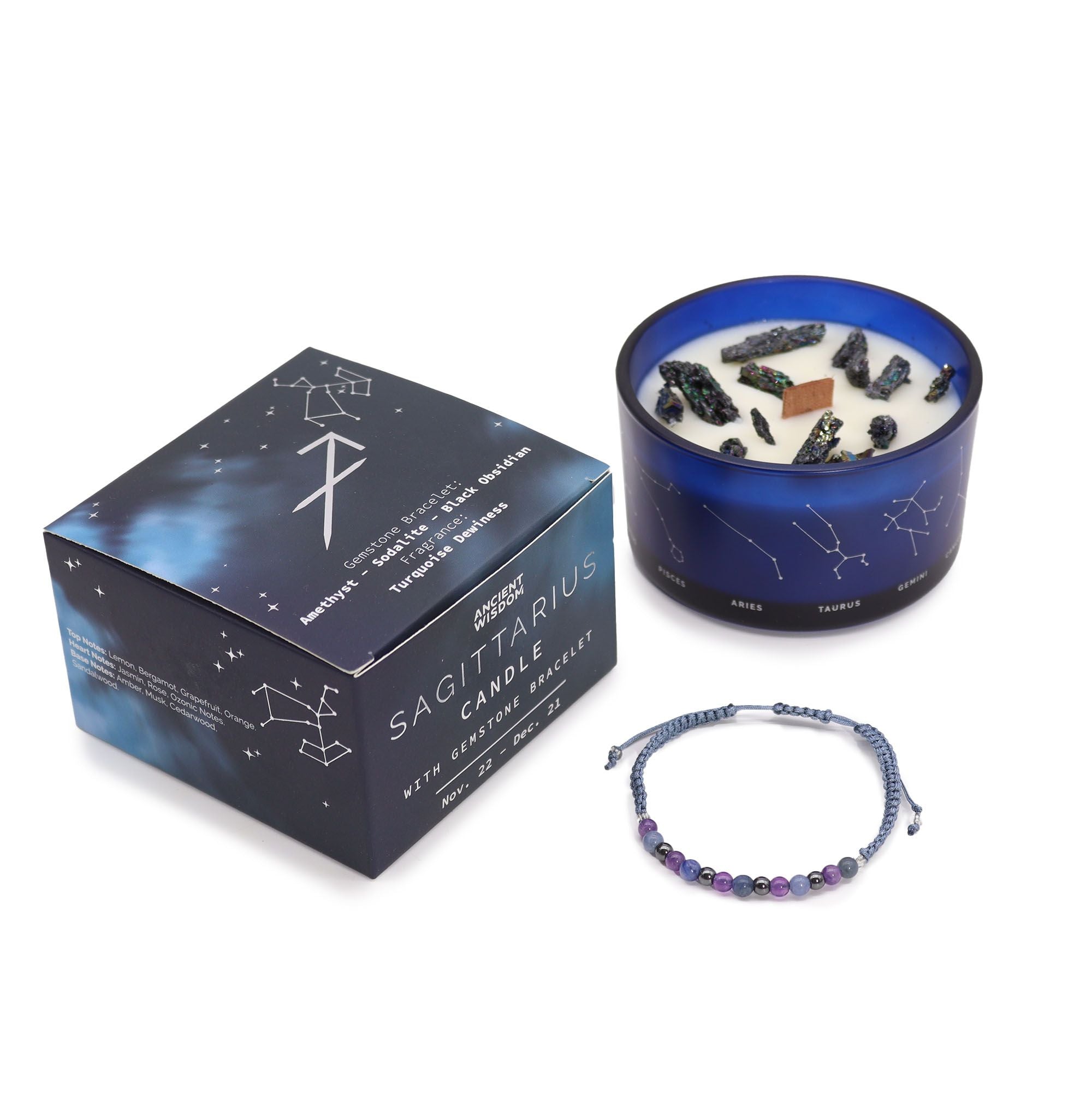 Bougie astrologique Sagittaire avec cristaux et bracelet en pierres naturelles présentés en coffret cadeau