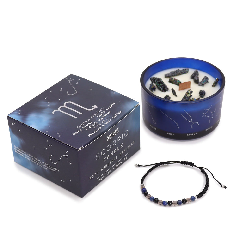 Bougie astrologique Scorpion avec cristaux et bracelet en pierres naturelles présentés en coffret cadeau
