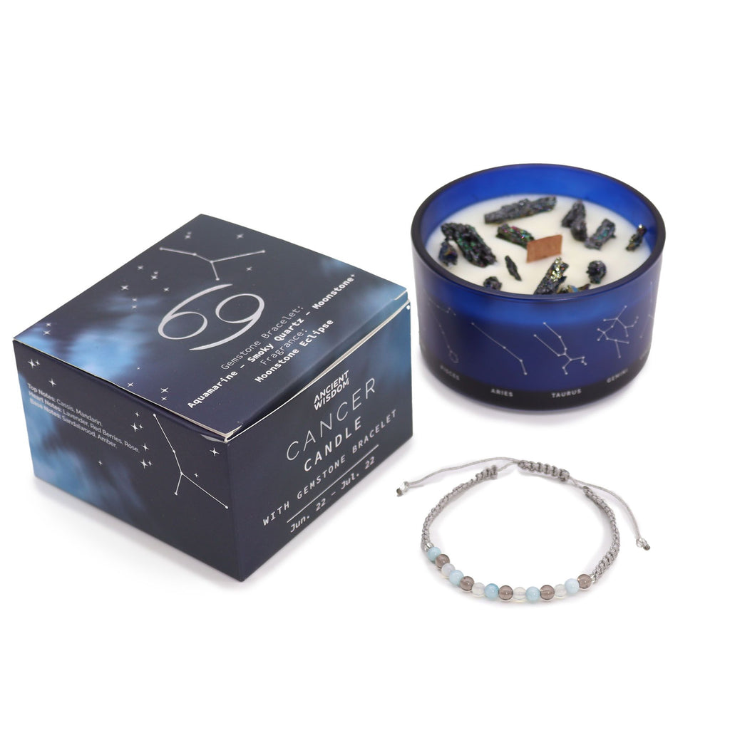 Bougie astrologique cancer avec cristaux et bracelet en pierres naturelles présentés en coffret cadeau