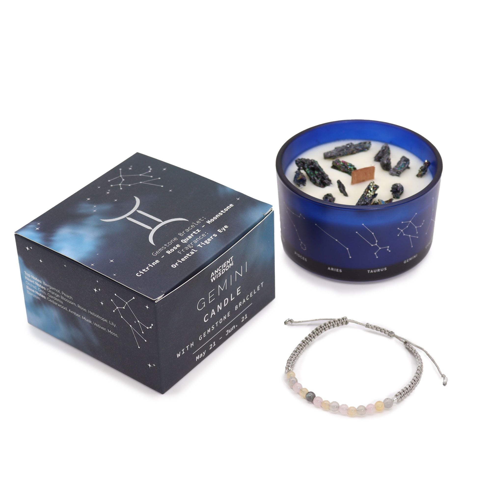 Bougie astrologique gémeaux avec cristaux et bracelet en pierres naturelles présentés en coffret cadeau