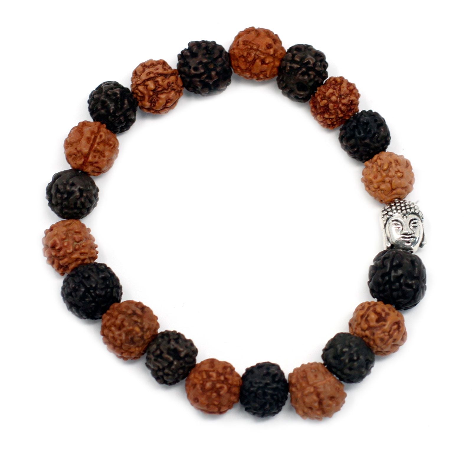 Bracelet mala en perles de rudraksha mix noir naturel avec tête de Bouddha sur fond blanc