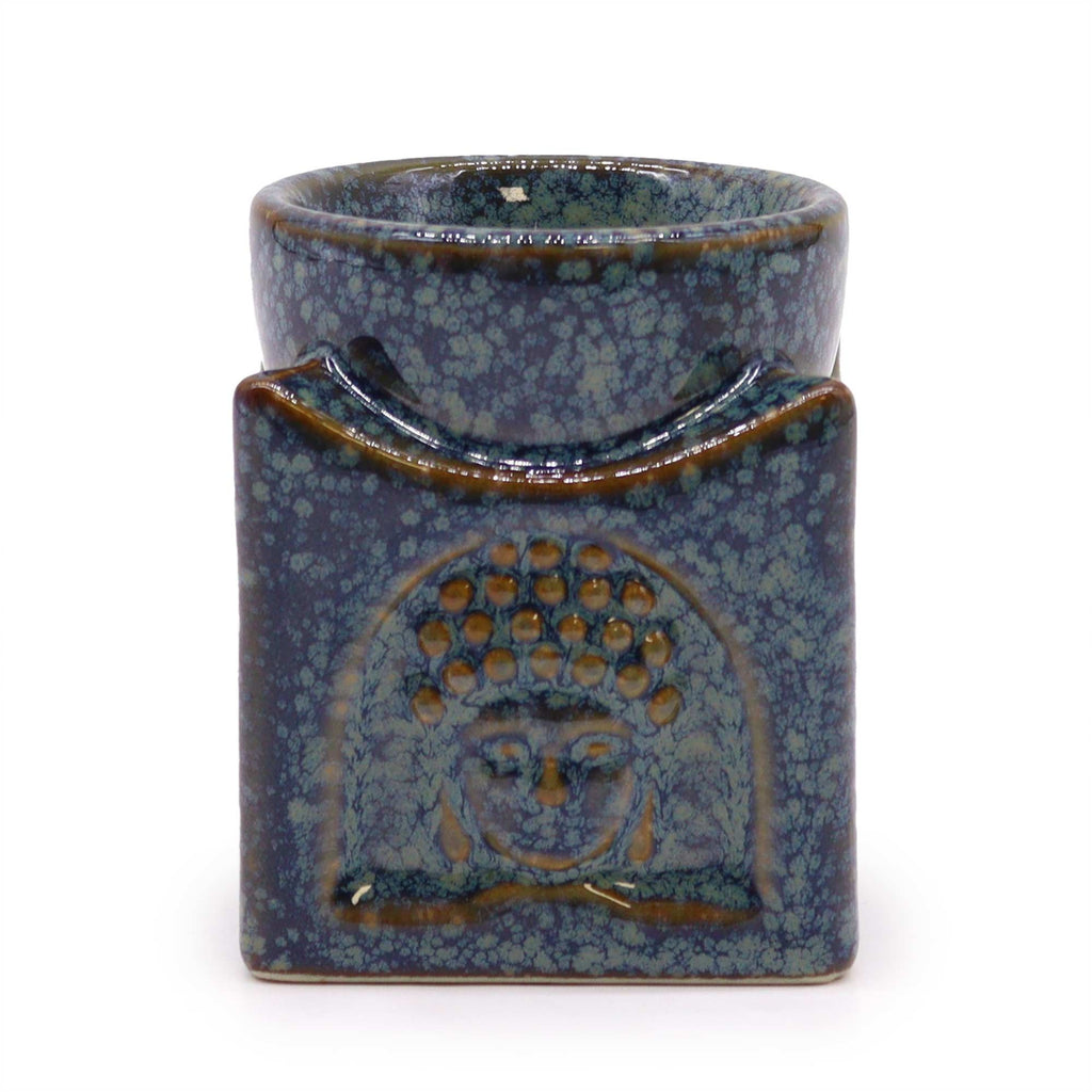 Brûleur d’huiles essentielles Bouddha carré bleu poudré en céramique avec motif Bouddha sculpté, vue de face