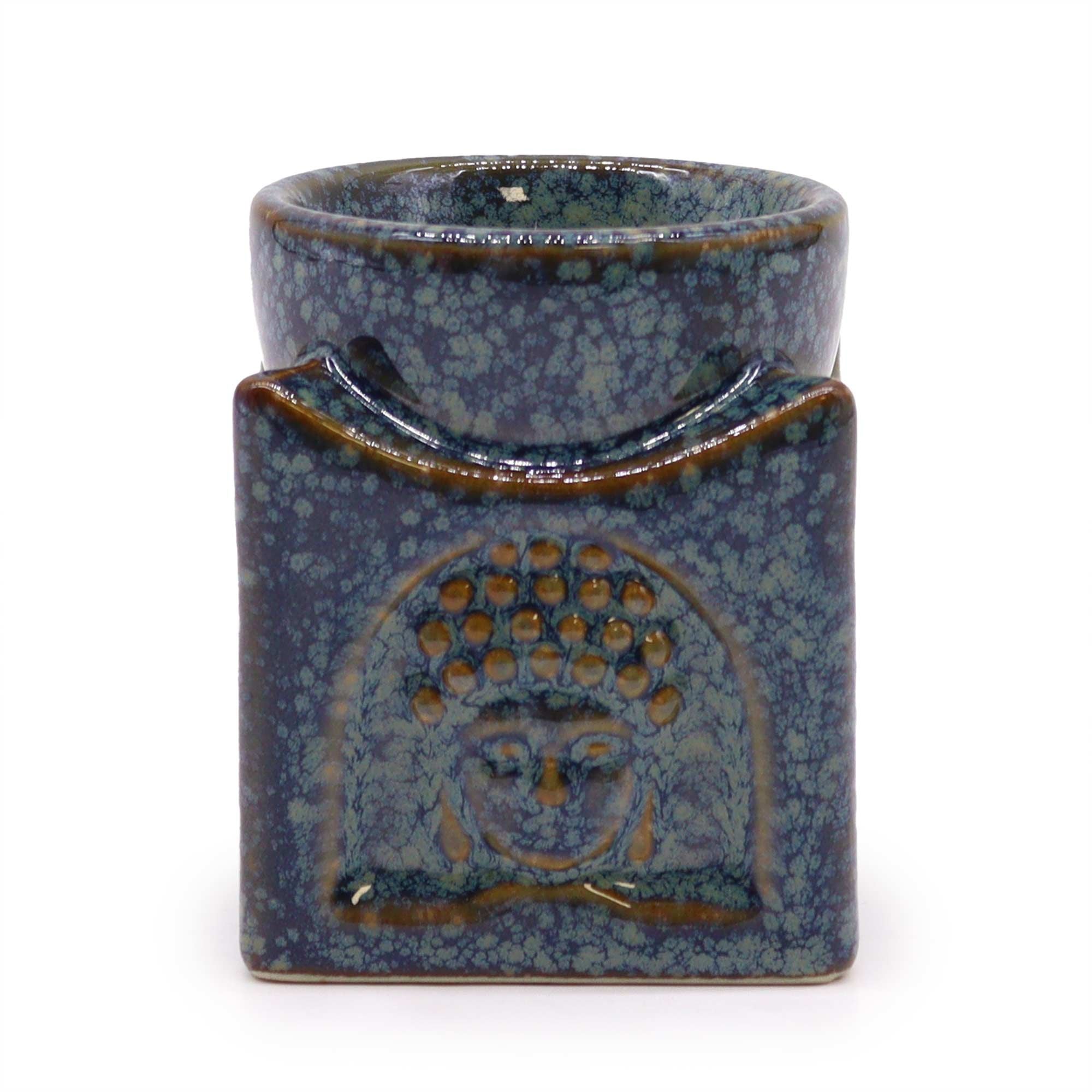 Brûleur d’huiles essentielles Bouddha carré bleu poudré en céramique avec motif Bouddha sculpté, vue de face