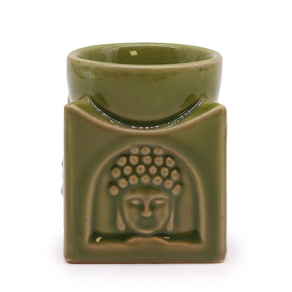 Brûleur d’huiles essentielles Bouddha carré jade clair  en céramique avec motif Bouddha sculpté, vue de face