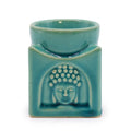 Brûleur d’huiles essentielles Bouddha carré bleu poudré en céramique avec motif Bouddha sculpté, vue de face