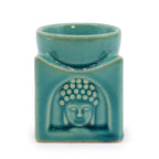 Brûleur d’huiles essentielles Bouddha carré bleu poudré en céramique avec motif Bouddha sculpté, vue de face