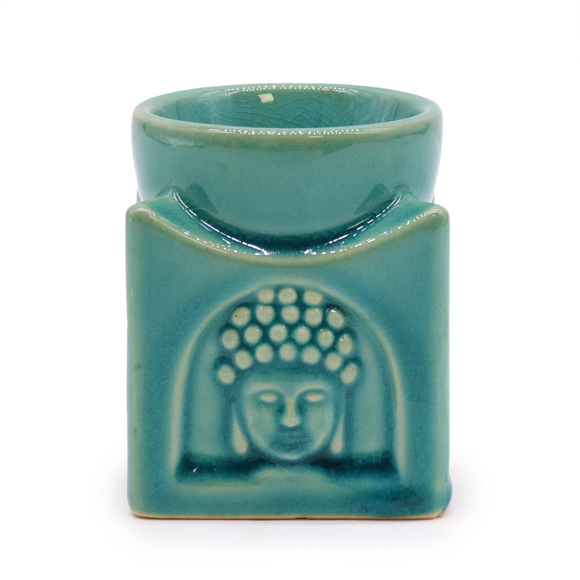 Brûleur d’huiles essentielles Bouddha carré bleu poudré en céramique avec motif Bouddha sculpté, vue de face