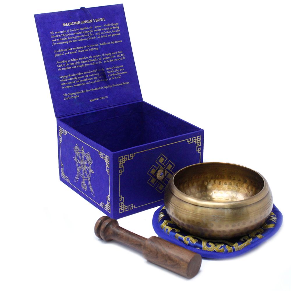 Coffret bleu ouvert pour bol chantant tibétain bouddha medicine avec intérieur de rangement pour accessoires