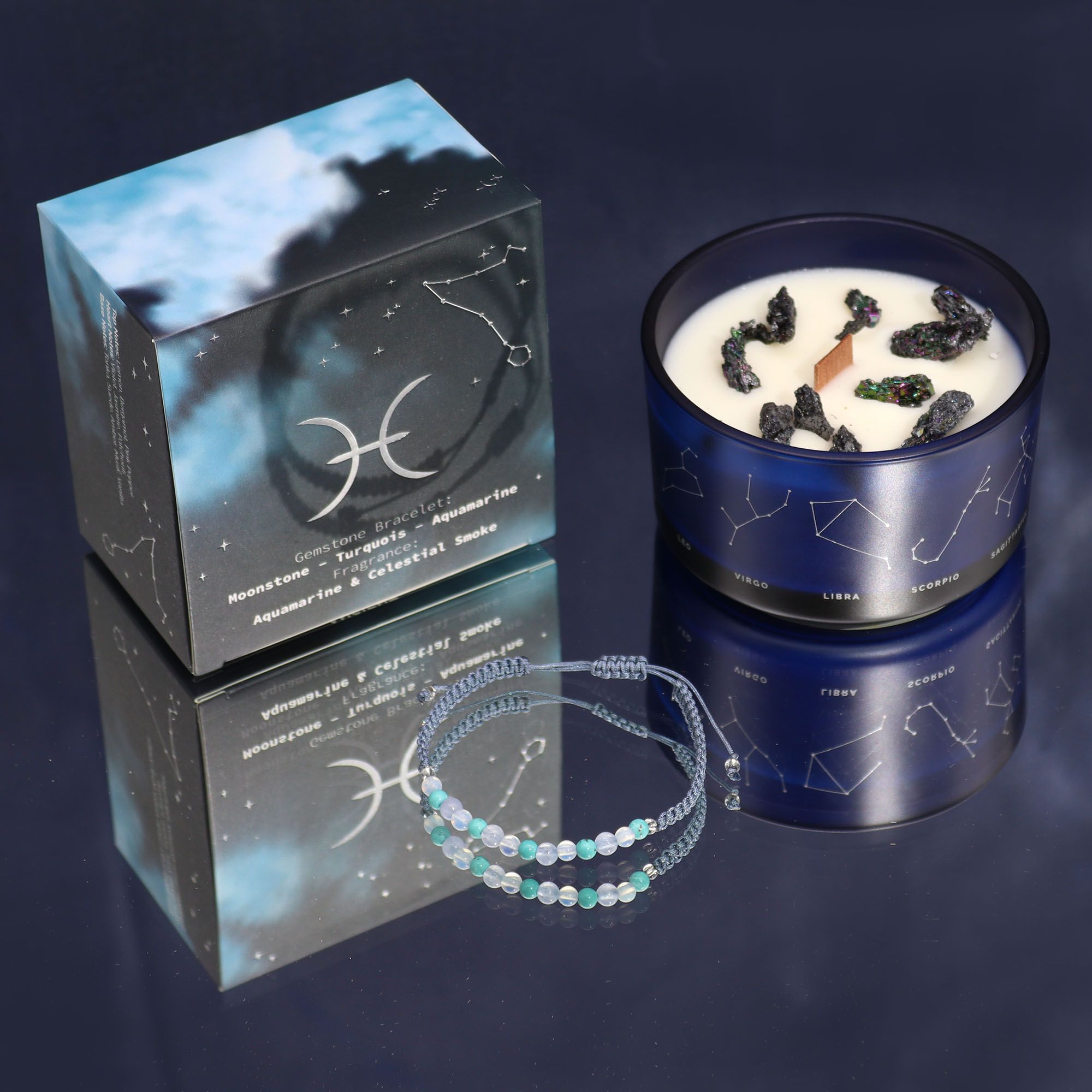 Coffret Poisson avec bougie parfumée aux cristaux et bracelet en pierres naturelles, cadeau astrologique bien-être