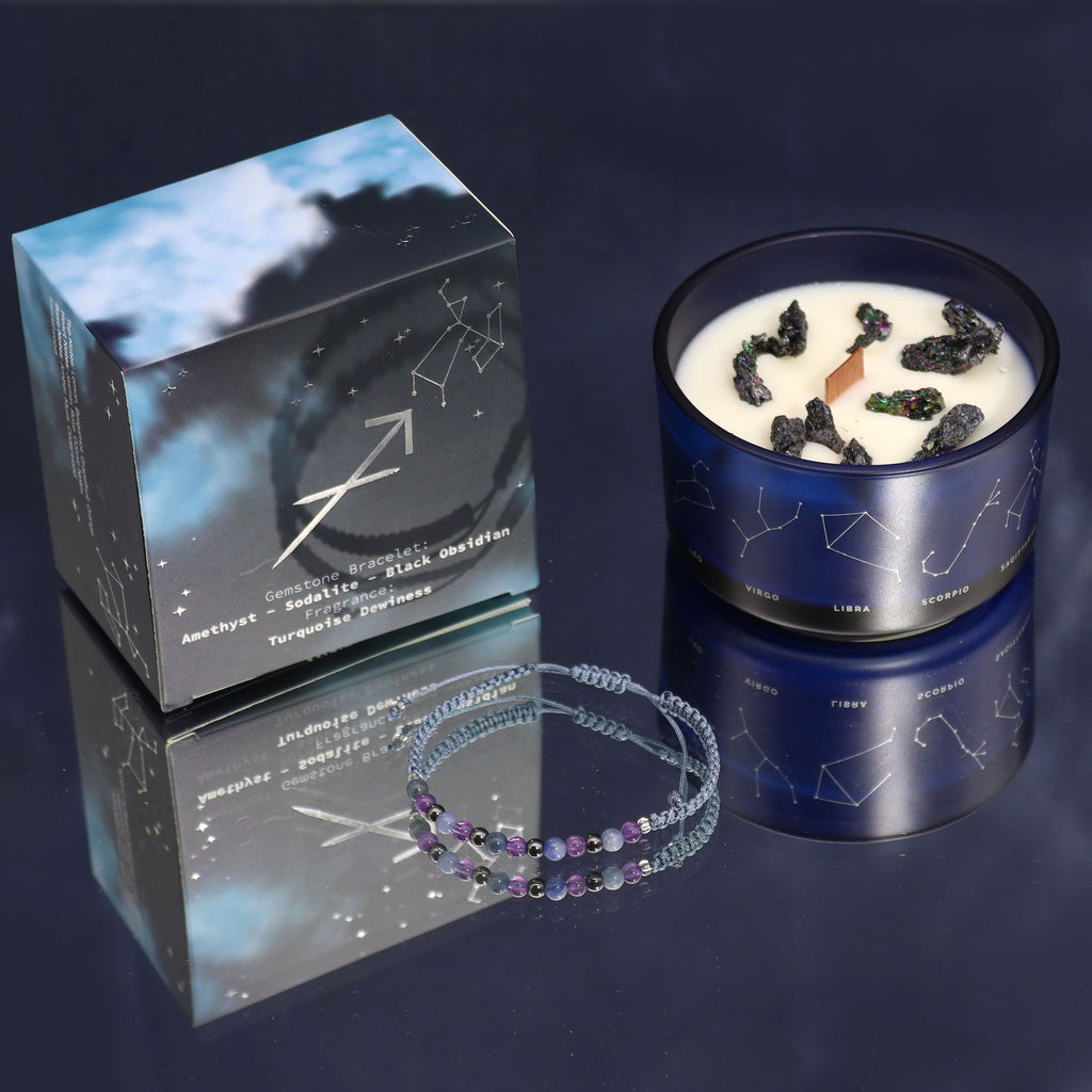 Coffret Sagittaire avec bougie parfumée aux cristaux et bracelet en pierres naturelles, cadeau astrologique bien-être
