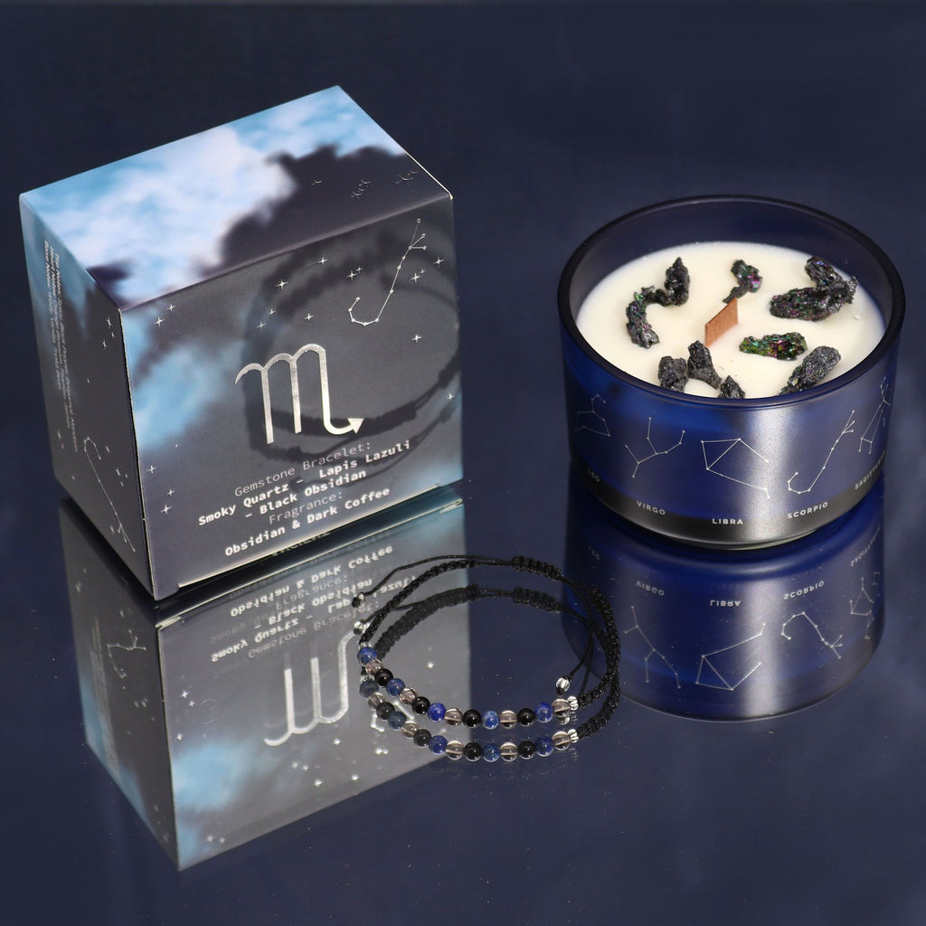 Coffret Scorpion avec bougie parfumée aux cristaux et bracelet en pierres naturelles, cadeau astrologique bien-être